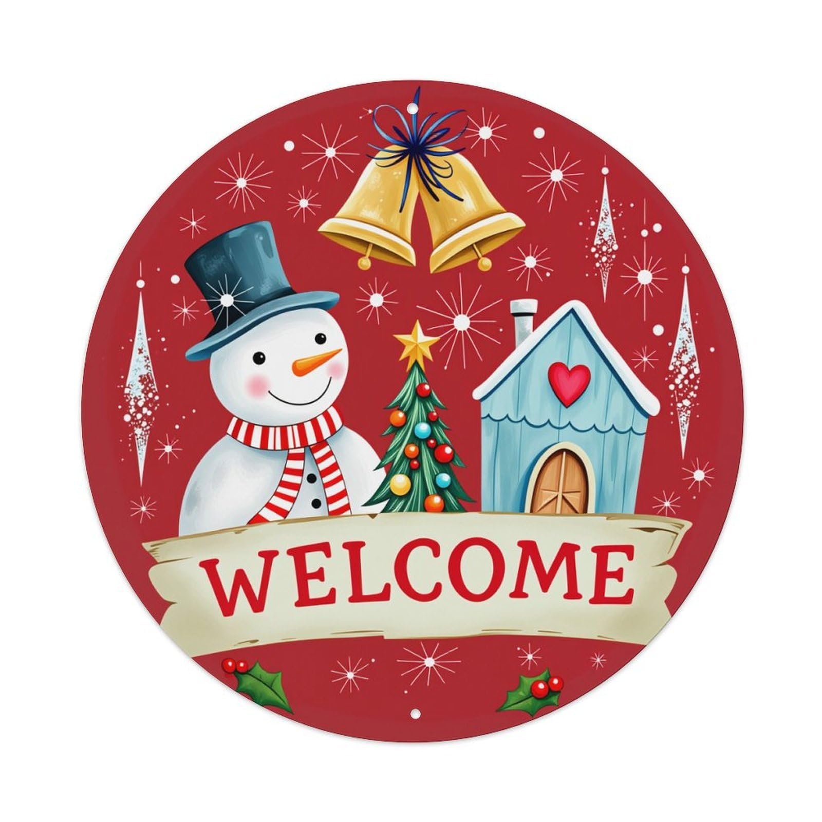 Snowman Christmas Tree House Bells Welcome Round Tin Sign Vintage Metal Poster Retro Bar, Home, Man Cave, Kitchen, Laundry Room Wall Art Decor Gift 8x8In