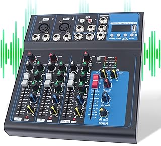 4 Channel Professional Wireless DJ Audio Mixer, USB Bluetooth Audio Stereo Speaker Home Audio Receiver Effects, 48V phantom Power for Home Theater System, Karaoke, Streaming