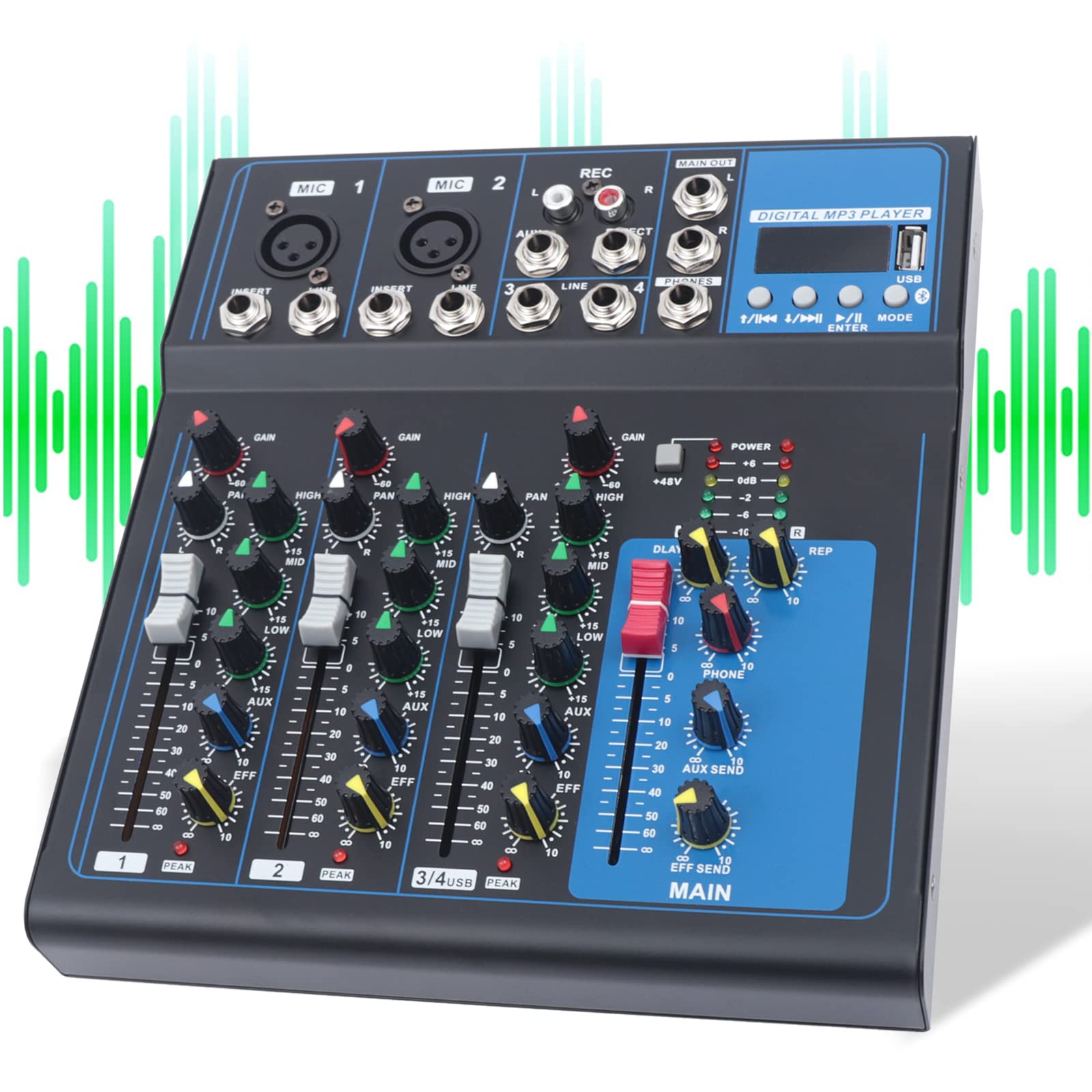 Professional Bluetooth Audio Mixer, Portable Digital DJ Console w/USB, 4 Channel Mixer Audio Interface-Mixing Boards For Studio Recording, Home KTV (4-channel)