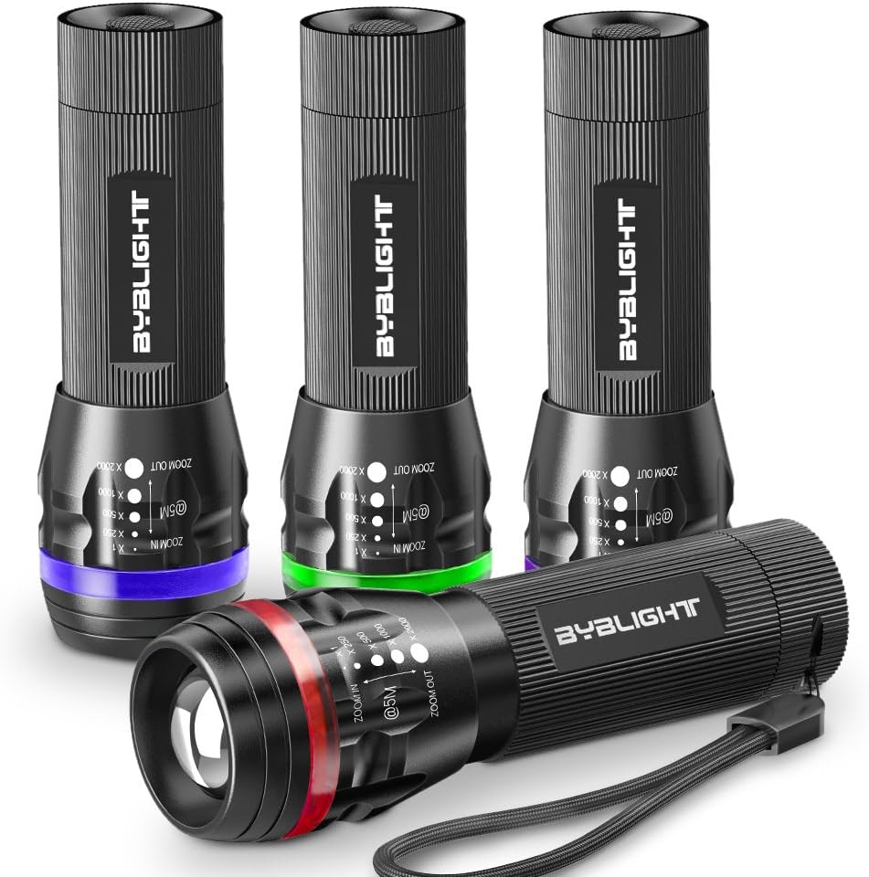 Pack of 4 Flashligts, BYBLIGHT Small Flashlight with Colored Band, Zoomable, 150 Lumens LED Flashlight, 3 Modes for Indoors and Outdoors(Car, Emergency, Capming and Kids) (Colorful)