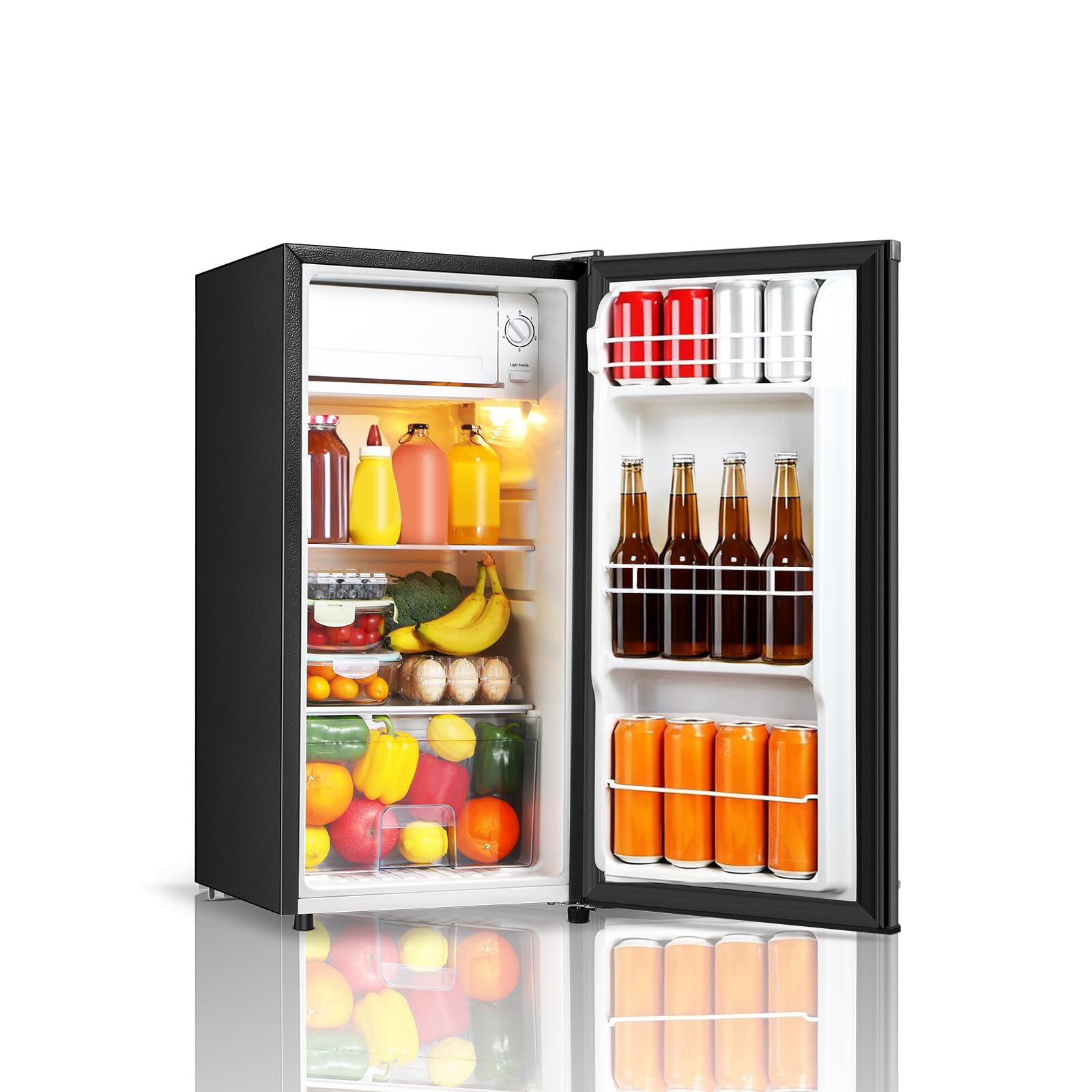 Seaoola Mini Fridge with Freezer, Single Door 3.1 Cu.Ft, Compact Mini Refrigerator, LED Light, Adjustable Thermostat, Removable Glass Shelves, Small Refrigerator for Dorm/Office/Bedroom(Black)