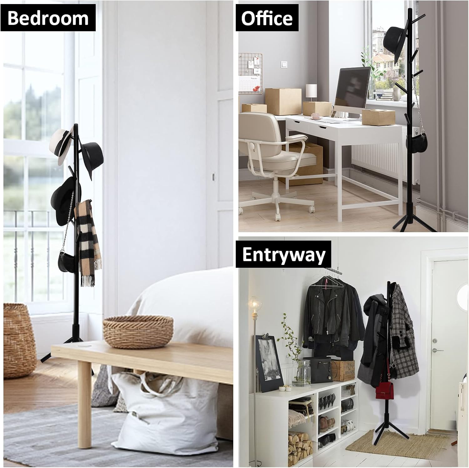 Alotpower Wooden Tree Coat Rack Stand, 3 Adjustable Sizes, 8 Hooks - Super Easy Assembly NO Tools Required - Free Standing Solid Coat Hanger Stand for Clothes, Suits, Accessories (Black)