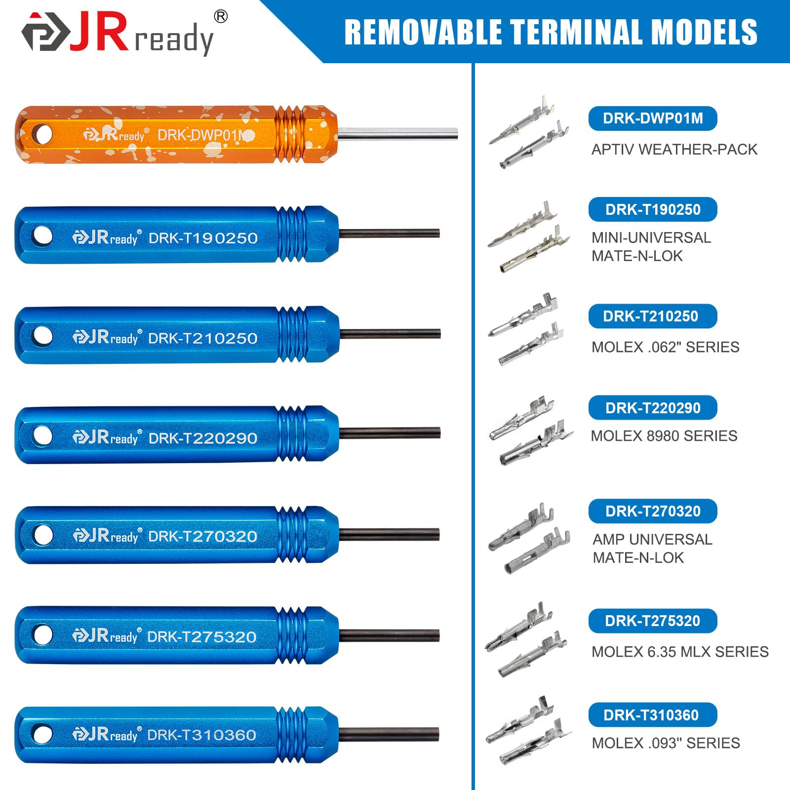 JRready ST5252 Auspinnwerkzeug Kfz Set 7 Stück für AMP .062" Kommerzielle Serie Terminals, Molex Standard .062" & .093" Terminals, Delphi Weather-Pack Series Connectors Molex