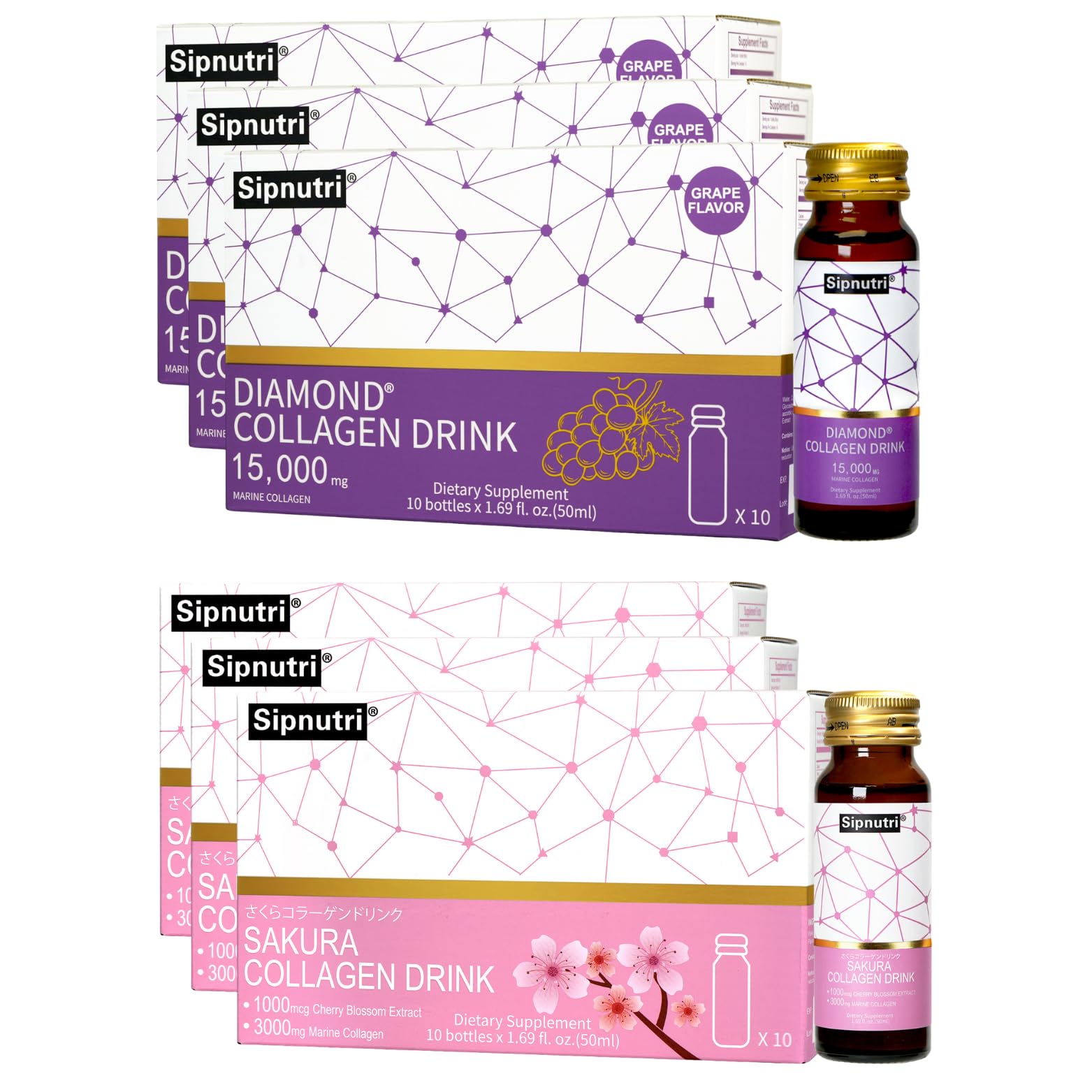 Bundle Diamond Marine Collagen Drink 15 000 mg 1 69 fl oz x 30 and Sakura Marine Collagen