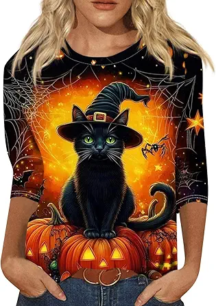 Halloween Shirts for Women 3/4 Sleeve Plus Size Crewneck Loose Fit Cute T Shirt Halloween Costumes for Women 2025