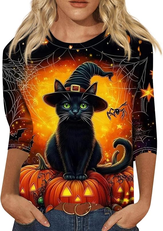 Halloween Shirts for Women 3/4 Sleeve Plus Size Crewneck Loose Fit Cute T Shirt Halloween Costumes for Women 2025