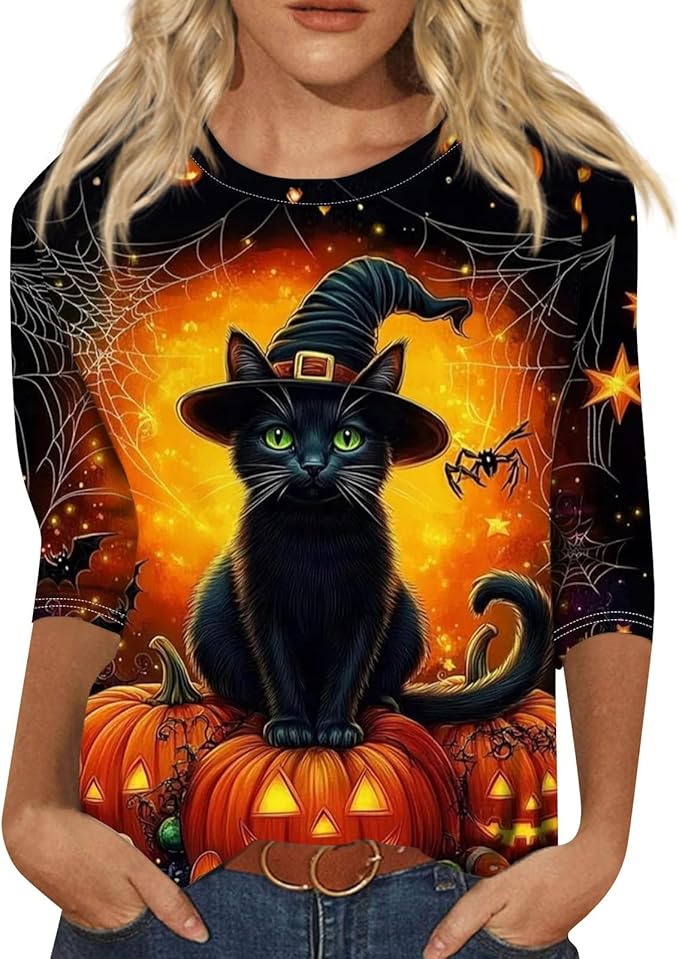Halloween Shirts for Women 3/4 Sleeve Plus Size Crewneck Loose Fit Cute T Shirt Halloween Costumes for Women 2025