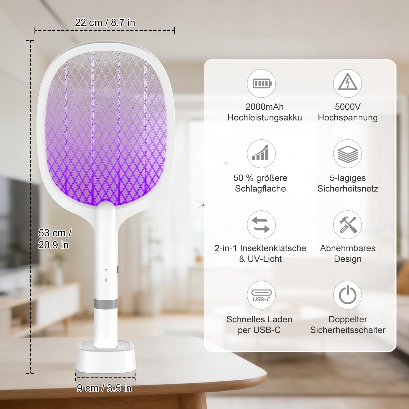 Raquette Electrique Insectes 5000V, 2000mAh,Raquette-Anti Moustique, USB C Rechargeable Raquett e Anti Mouche avec Base Stable, Efficace Contre Les Mouches Insectes