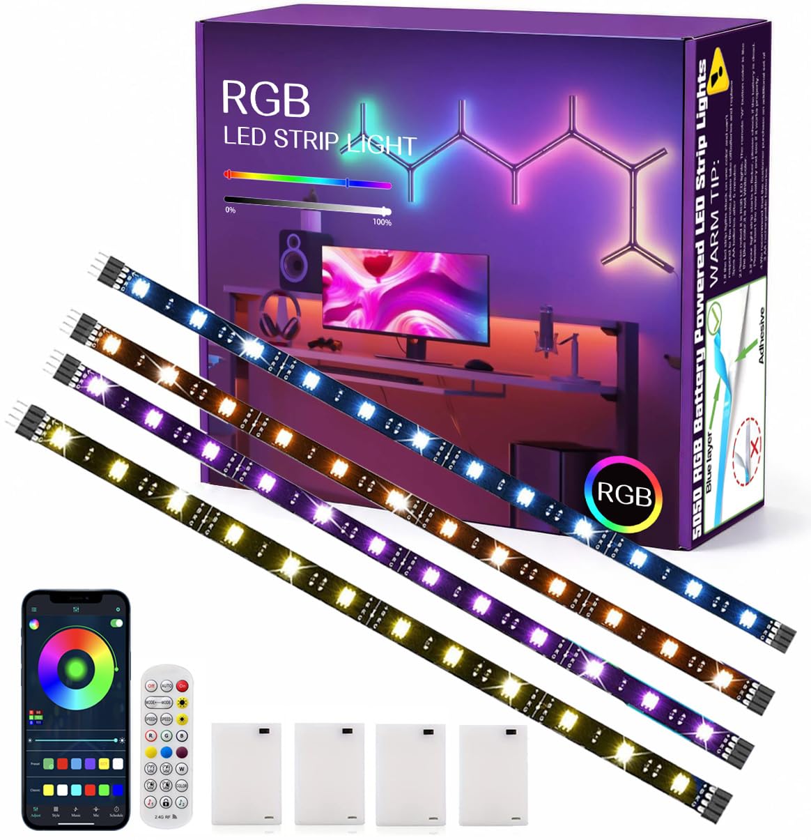 Strisce LED alimentate a batteria, 50,8 cm, confezione da 4, luci LED wireless per camera da letto che cambia colore con app, luci a LED per TV, illuminazione sotto armadietti, mensole, sotto il