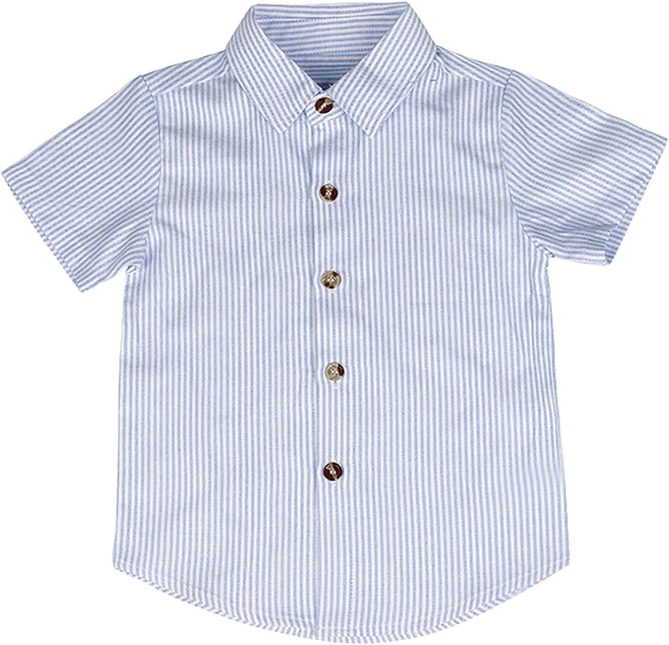 Boys Striped Casual Shirt Short Sleeve Lapel Button Down Tops Summer Soft Lightweight Breathable Polo Blouse Teen