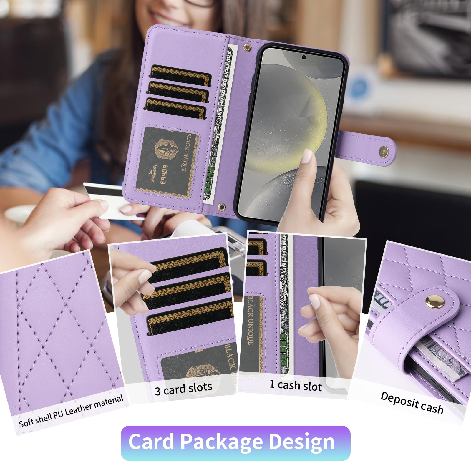 Phone Case for Samsung Galaxy A25 5G Wallet Cell Cover with Tempered Glass Screen Protector Strap Flip Credit Card Holder Accessories Stand Lanyard Wrist A 25 25A SM-A256U Women Girls Purple