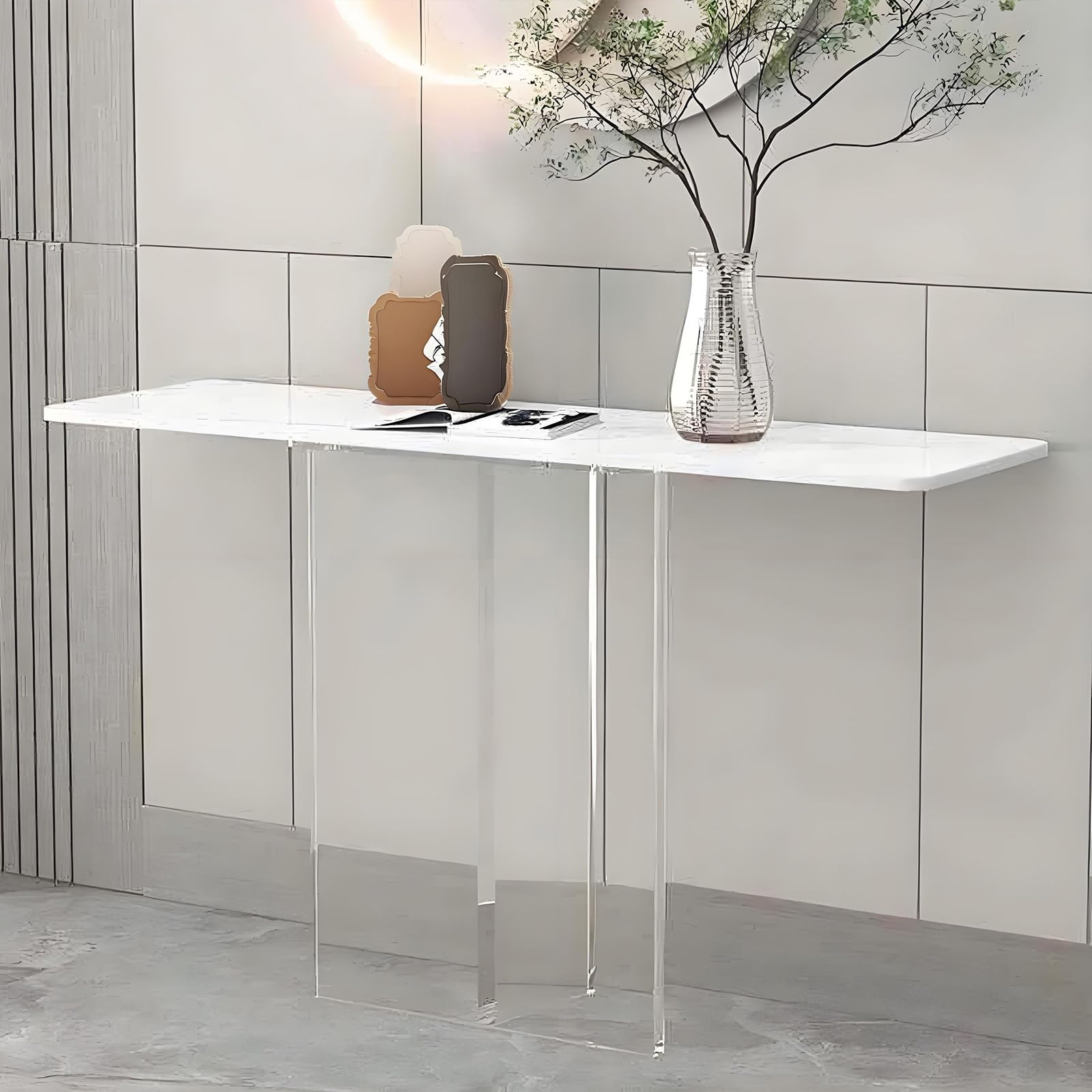 Moderna mesa de entrada y consola estrecha blanca de 60 cm con base de acrílico