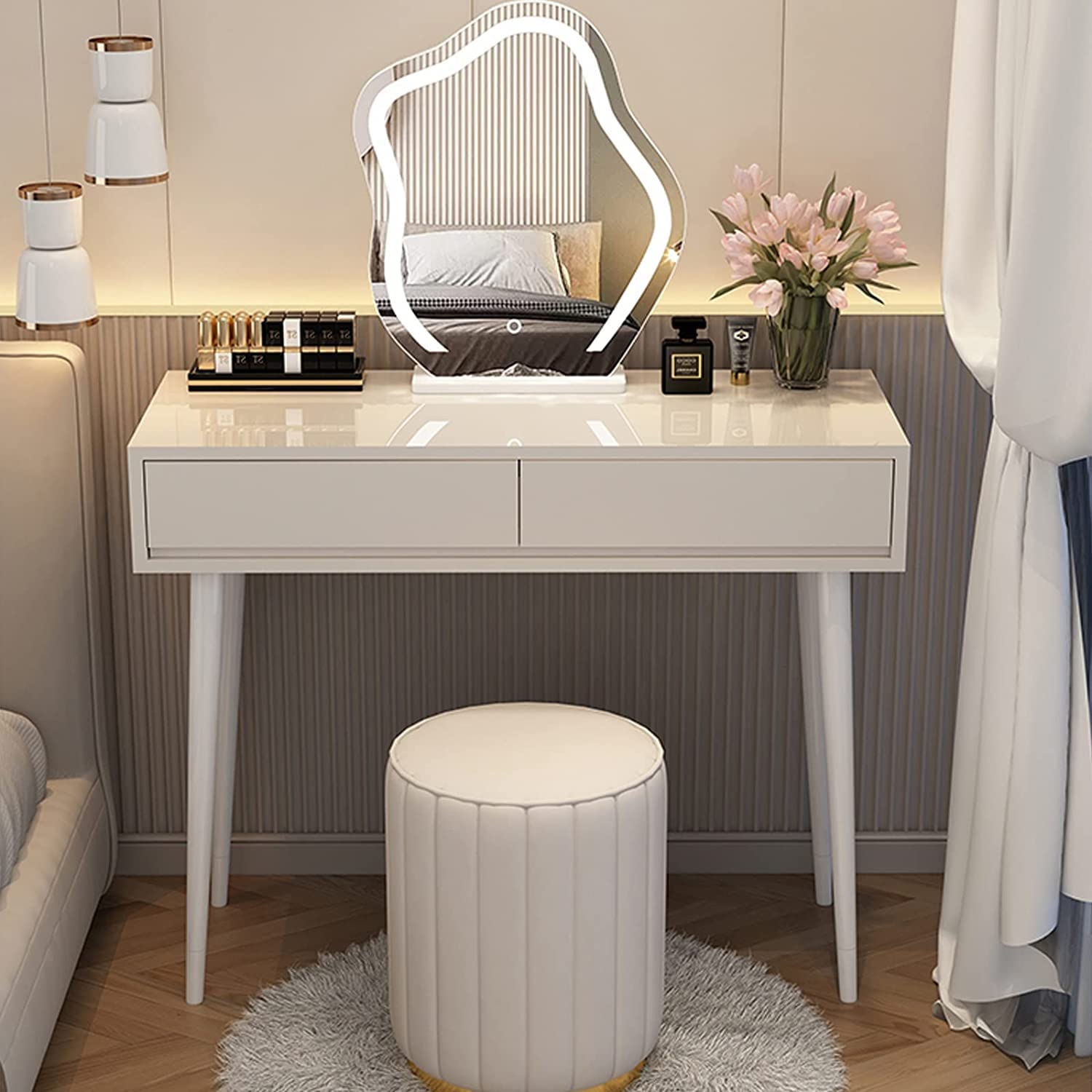 Makeup Vanity Dressing Table with 2 Drawers and Cushioned Stool, 3 Color Light Adjustable LED Mirror, for Women Girls Vanity Desk,White,60cm/23.6 inch (White 60cm/23.6 in
