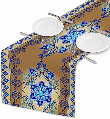 Miniatura 2 de HOSNYE Camino de mesa de flores azules, patrón étnico oriental, camino de mesa de lino de algodón para decoración de cocina, mesa familiar, mesa de