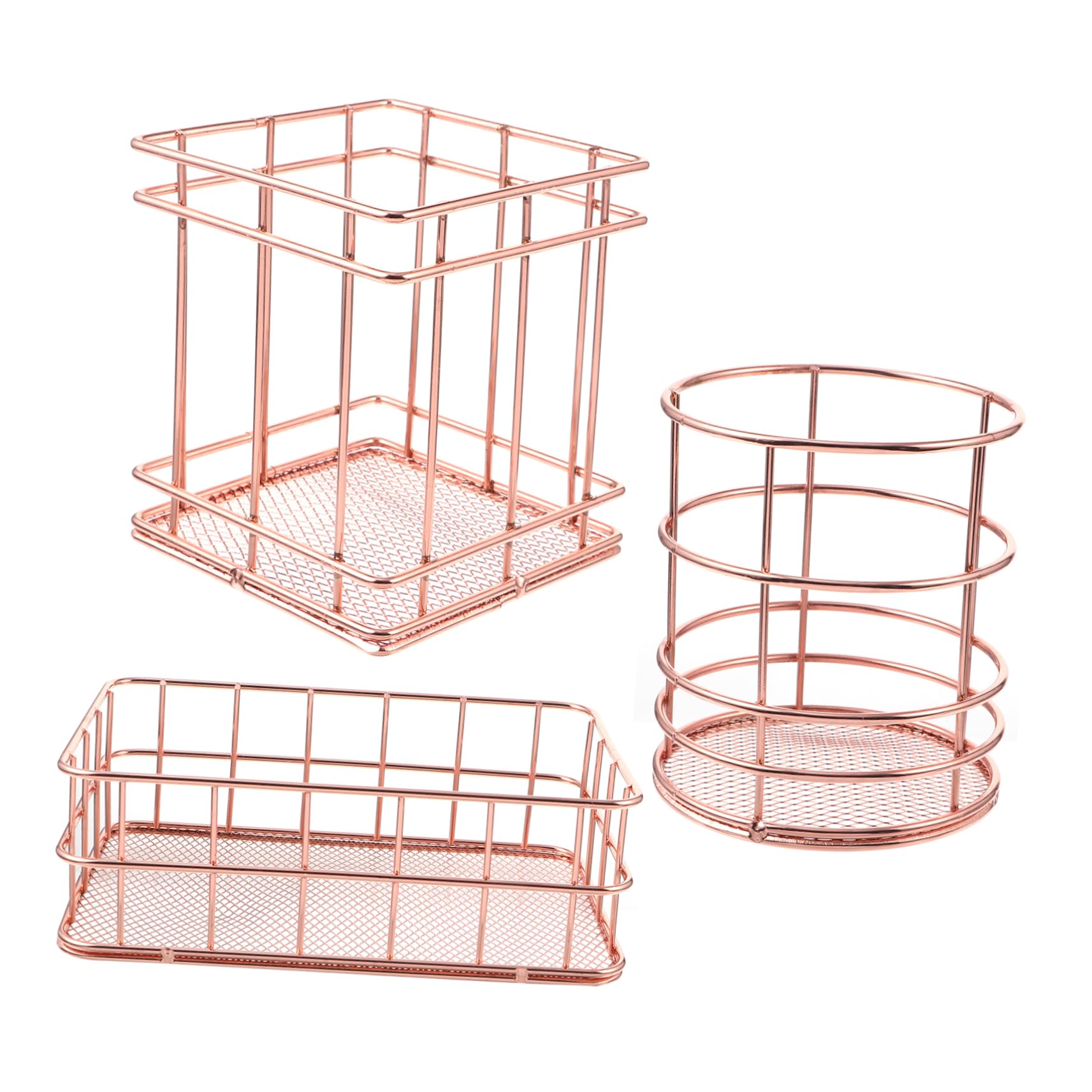 Panier de rangement en acier inoxydable or rose | Lot de 3 organisateurs de bureau