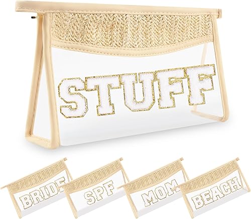 Miniatura 8 de UIXIZQ Pequeñas bolsas de maquillaje transparentes de paja bohemia para mujeres y niñas, bolsa de cosméticos con cremallera de chenilla, bolsa de