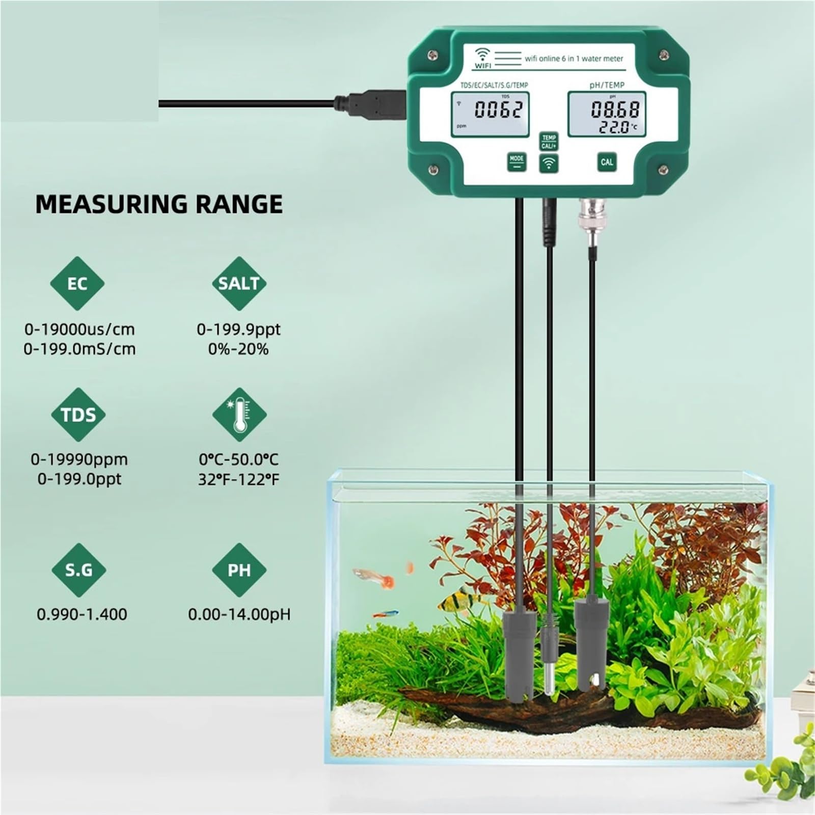 Misuratore PH, Misuratore di qualità acqua WiFi digitale PH EC TDS SALT SG.Temp, monitor intelligente multifunzione 6 in 1, controllo tramite APP