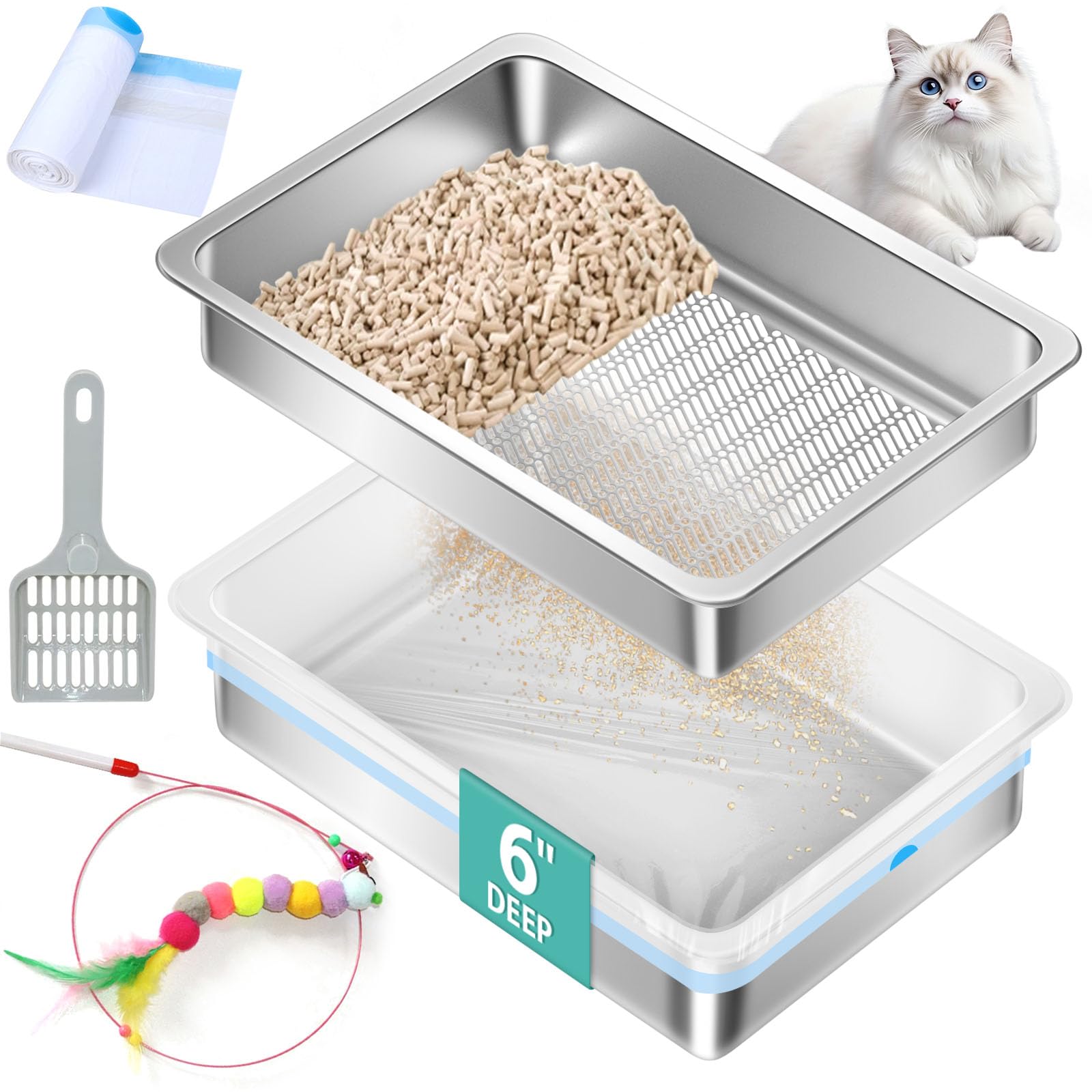 Stainless Steel Sifting Litter Box for Pine Pellets,Sifting Cat Litter Box for Wood Pellets,Extra Large Sifter Litter Pan System with Litte Liners and Scoop-20 ''Lx 13.8''W x 6''H