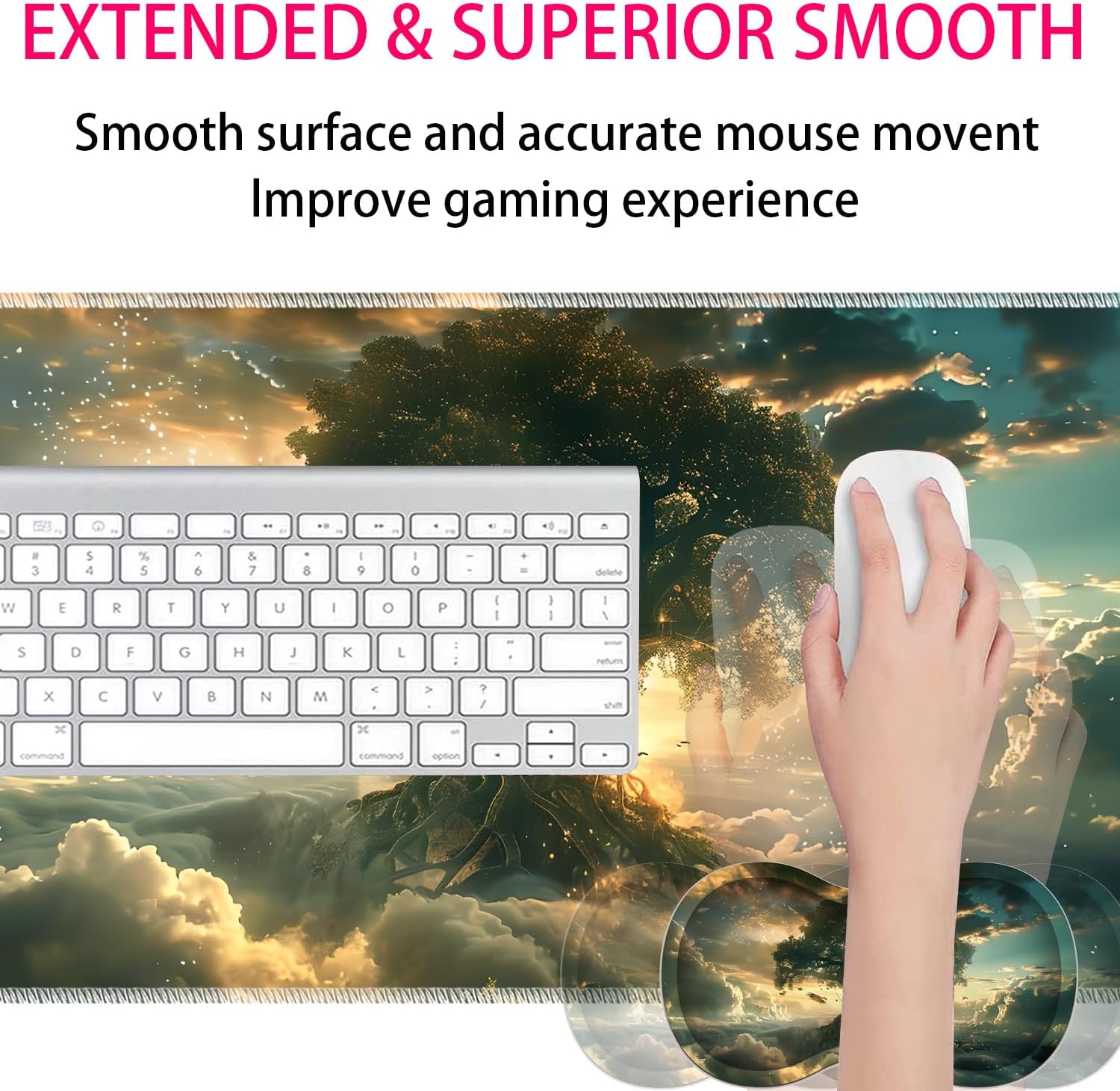 Large Gaming Mouse Pad + Mouse Wrist Rest Pad + Coaster Combination, 31.5 "x 11.8" Durable Non-Slip Extension Table Mat, Suitable for Office and Home, Cloud Tree