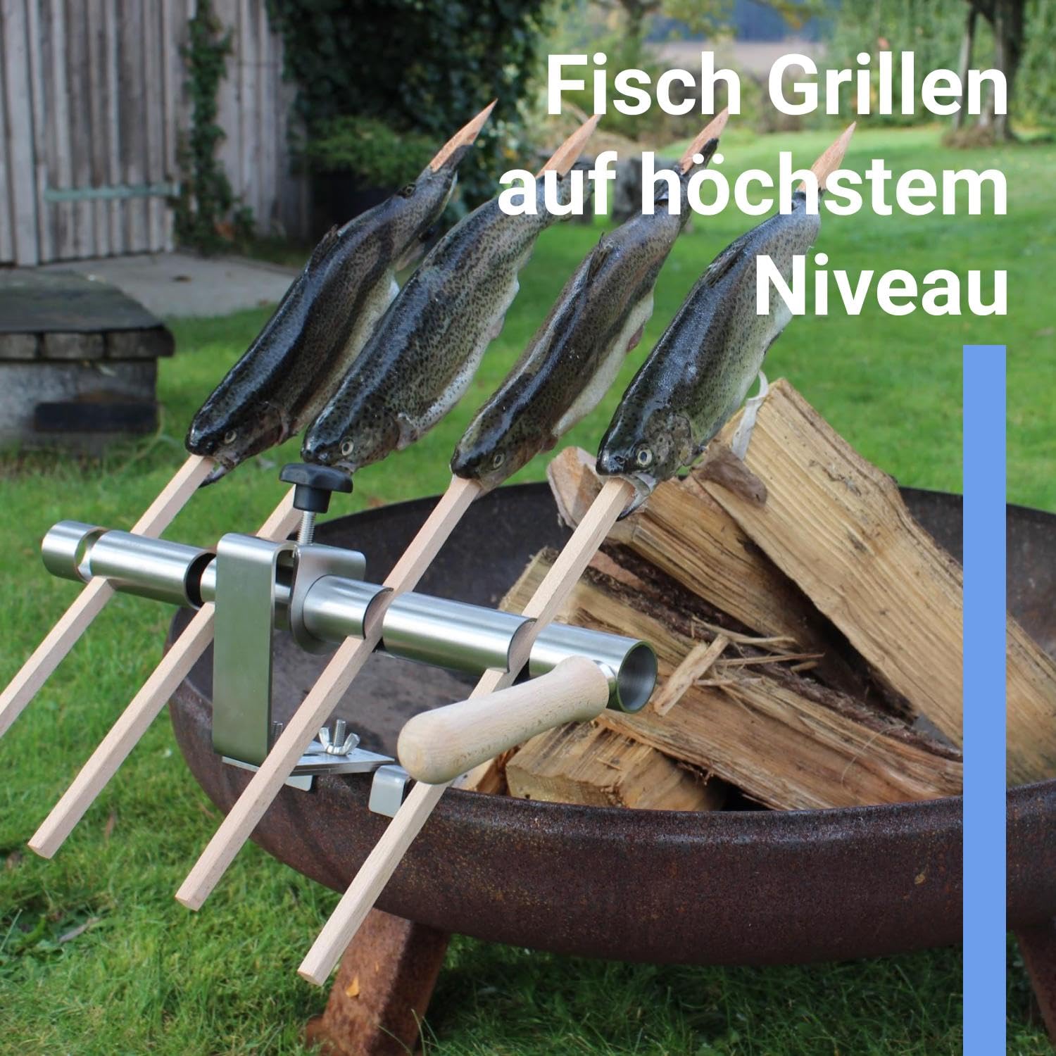 Premium Steckerlfisch Halter für Feuerschale - Platz für 4 Fische - Fisch Grill Aufsatz passt auf Jede Feuerschale - stufenlos verstellbar - Original Buchenholz Spieße - Asado Grill für Feuerschale