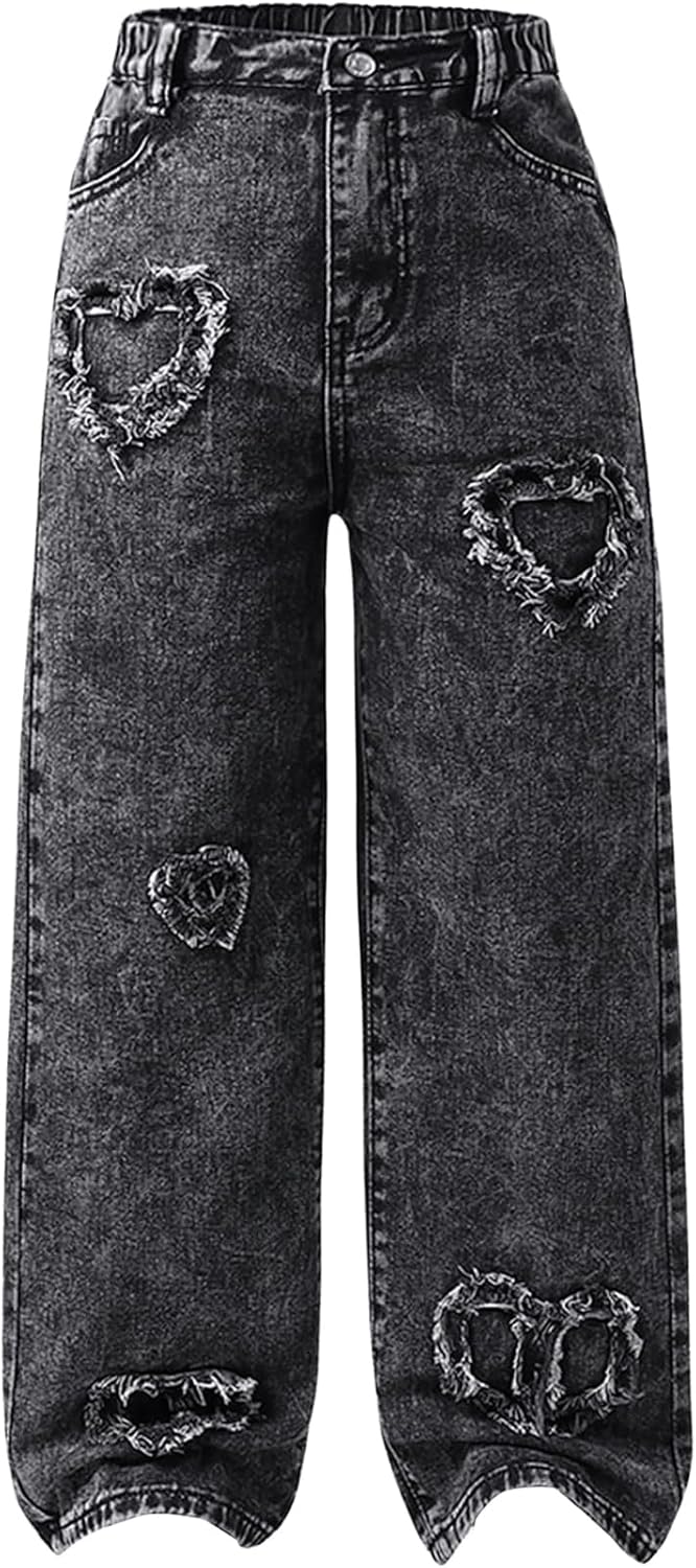 Verdusa Girls Y2K Baggy Jeans Elastic High Waist Wide Leg Loose Denim Jeans Pants Tween Clothes for Girls 10-12