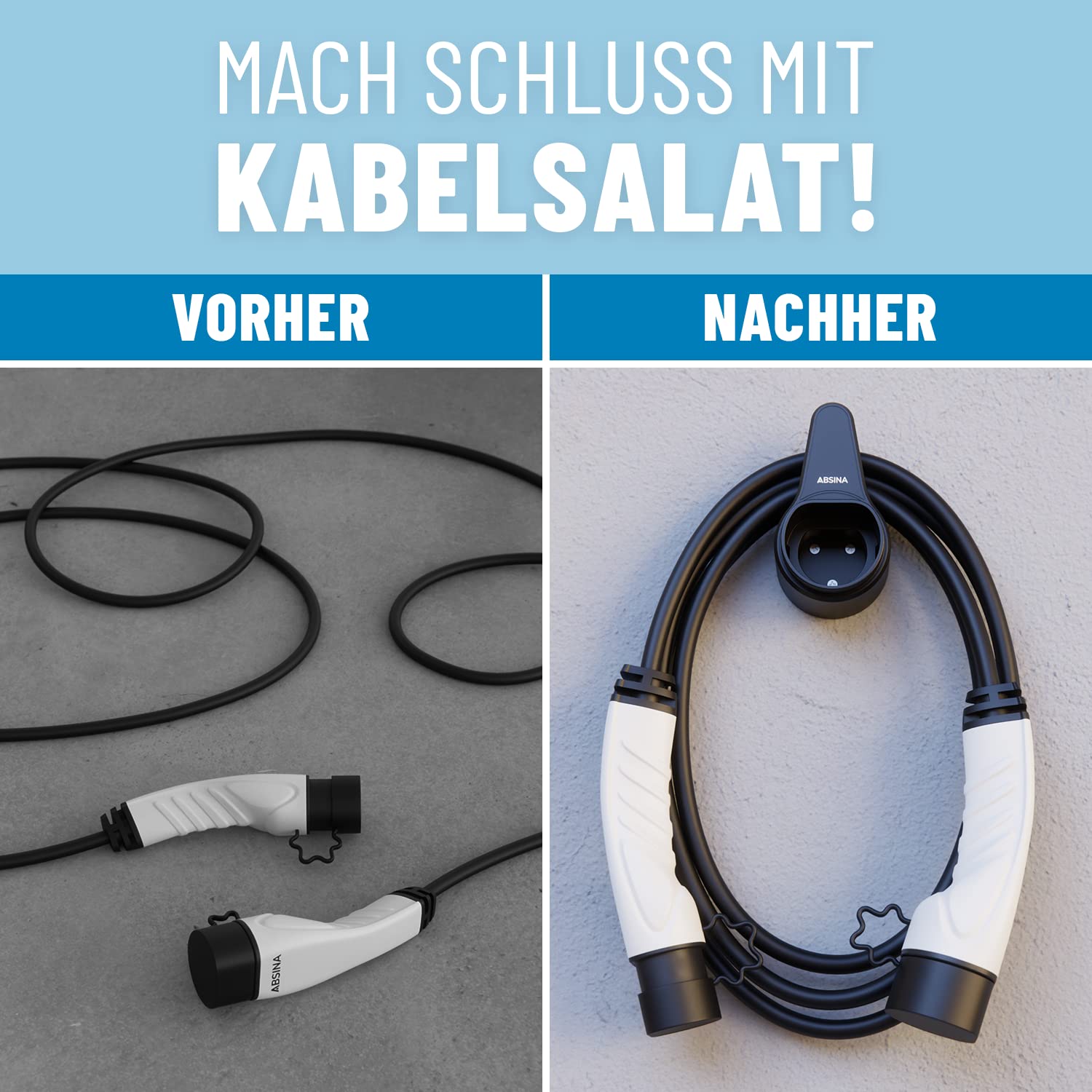 ABSINA uchwyt na kabel do ładowania i uchwyt na wtyczkę typ 2 wraz z akcesoriami montażowymi - uchwyt ścienny typ 2, uchwyt na kabel do ładowania typ 2, uchwyt na kabel Wallbox, uchwyt na wtyczkę typ