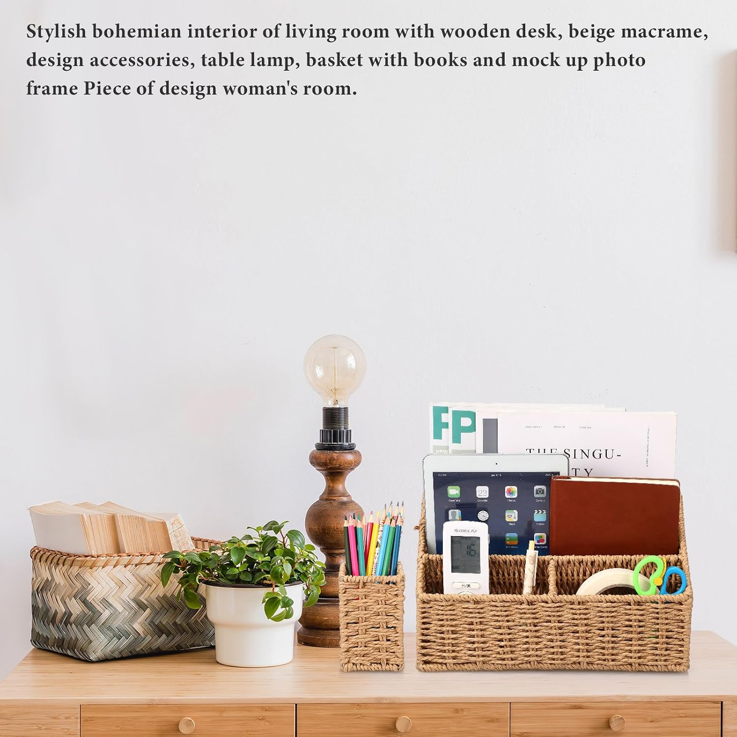 Sintuff 2 Pcs Woven Mail Organizer and Pencil Holder Set Mail Organizer Countertop and Storage Desktop Pencil Cups Boho Desk Organizers Mail Bill Sorter Organizer Home Office Supplies