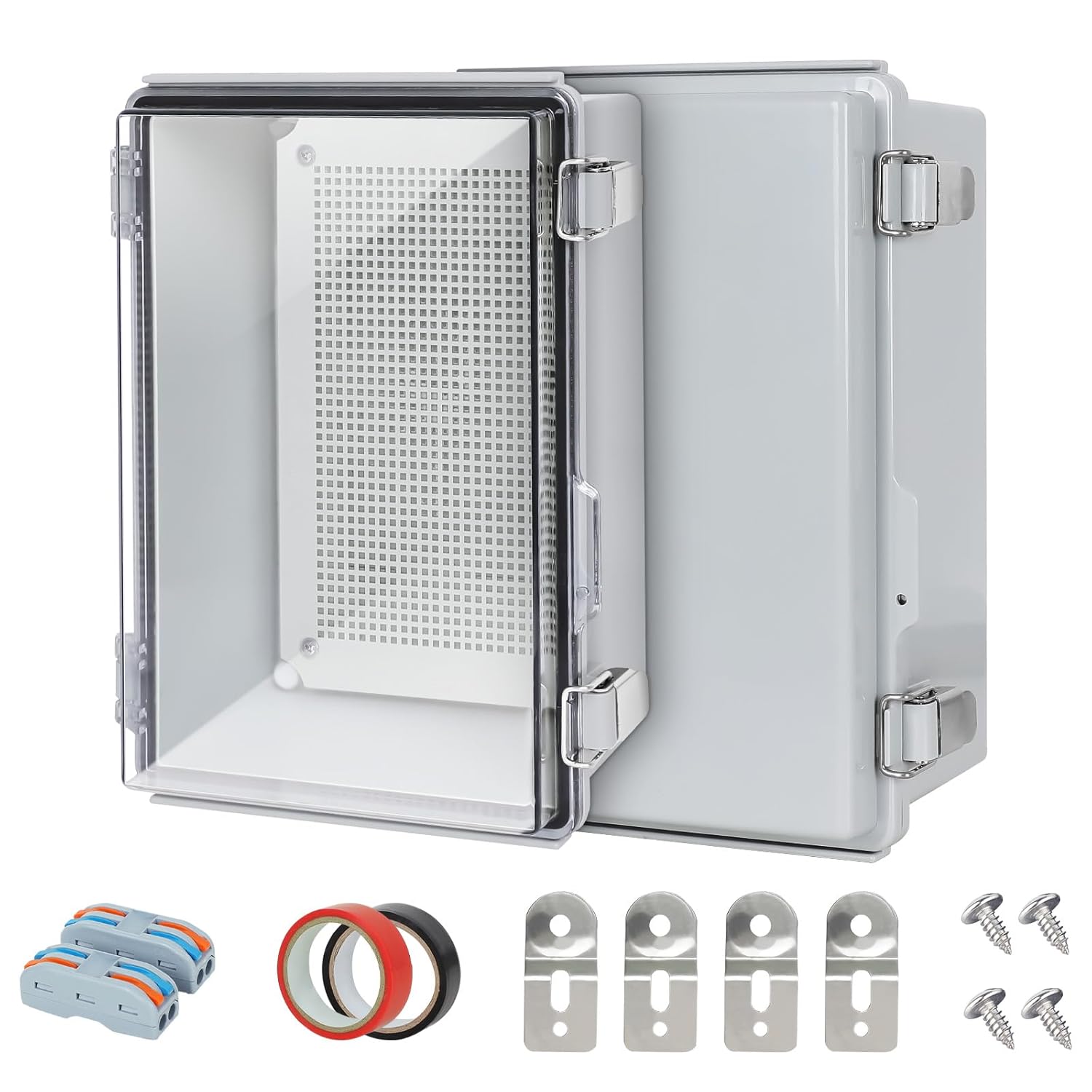 Junction Box 2 Pieces,IP67 Waterproof Electrical Box,Electrical Enclosure with Stainless Steel Latch,Terminal Box with Mounting Plate,Wire Connectors,Electrical Tapes,11.4"x7.5"x5.5"