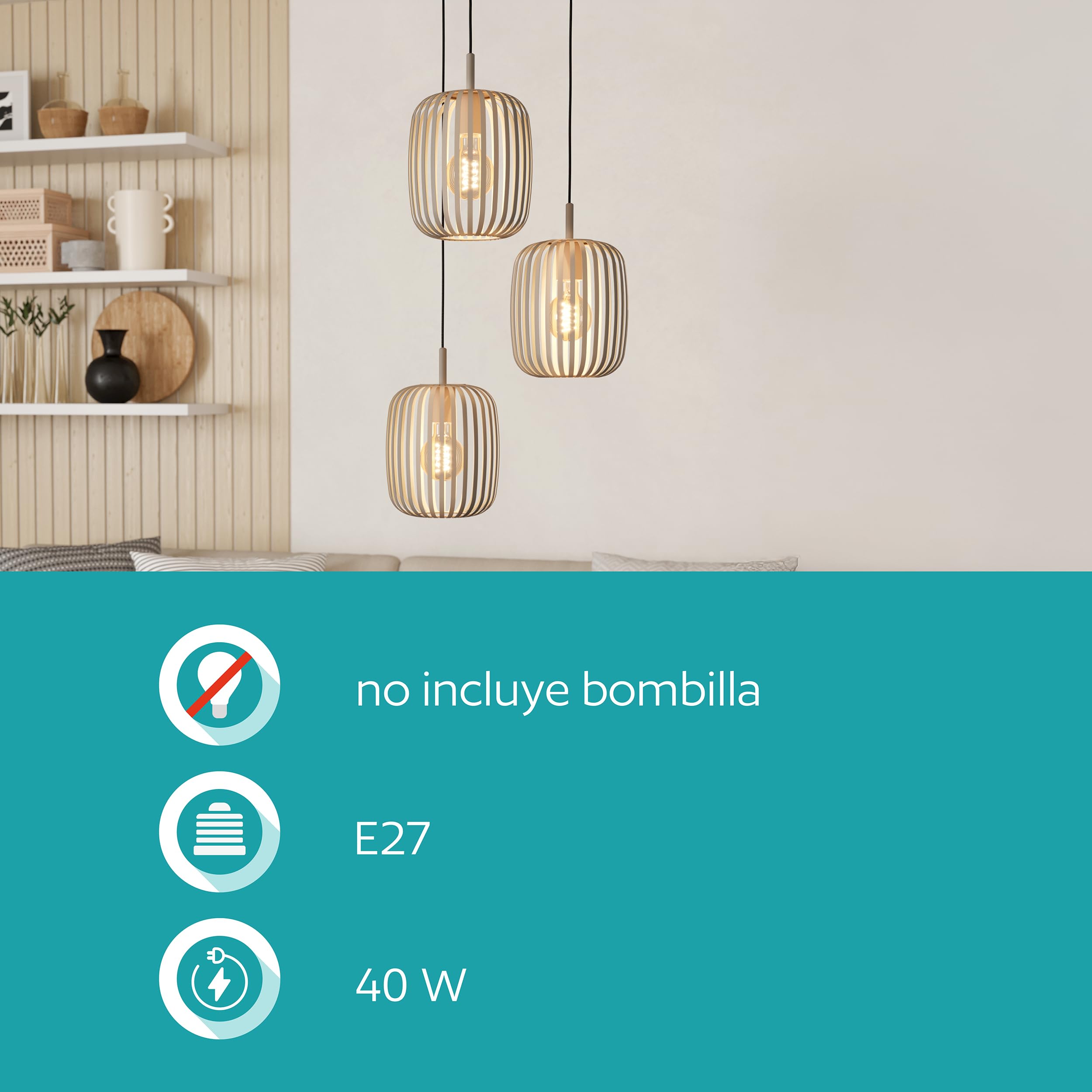 Eglo Romazzina Lámpara colgante de 3 luces para mesa de comedor | lámpara redonda colgante de metal color arena, lámpara colgante de madera con casquillo E27, diámetro 46 cm