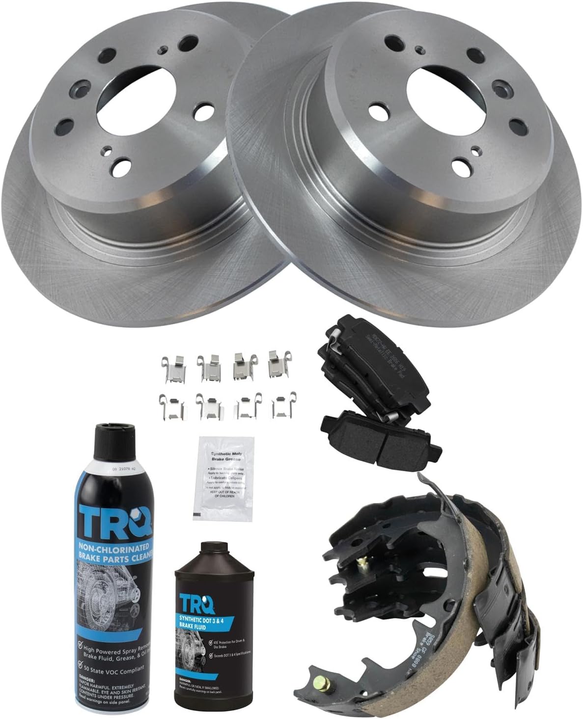 TRQ Rear Brake Pad & Rotor Kit Brake Chemical Kit Brake Pads Brake Rotor Parking Brake Shoe Set Semi-Metallic Compatible with 1998-1999 Toyota Avalon