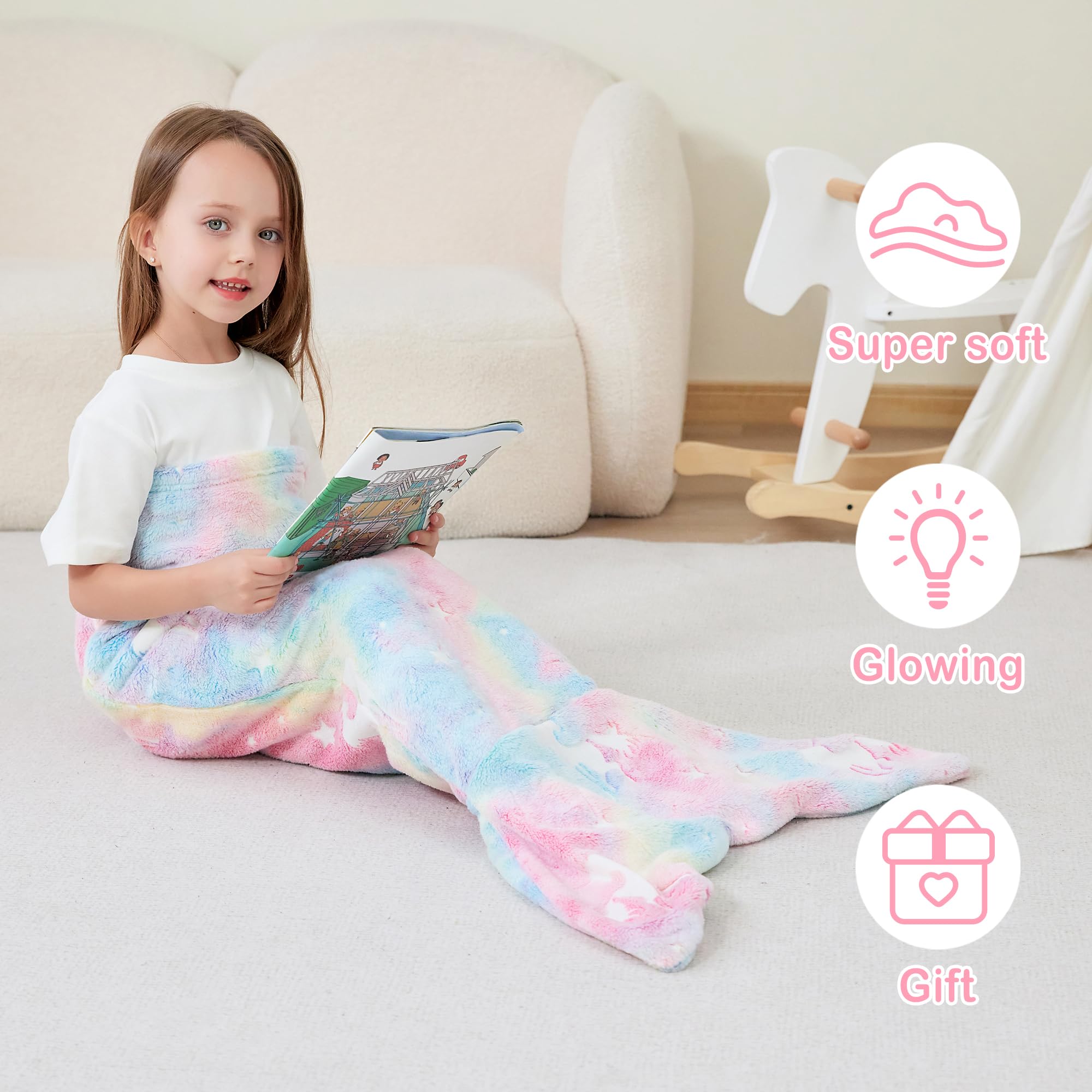 Viviland Queue de sirène phosphorescente pour Enfants – Couverture de sirène en Flanelle – Cadeau pour Filles – Étoile Lumineuse Super Douce Tie Dye Jouets pour Filles – Licorne 43,2 cm 99,1 cm
