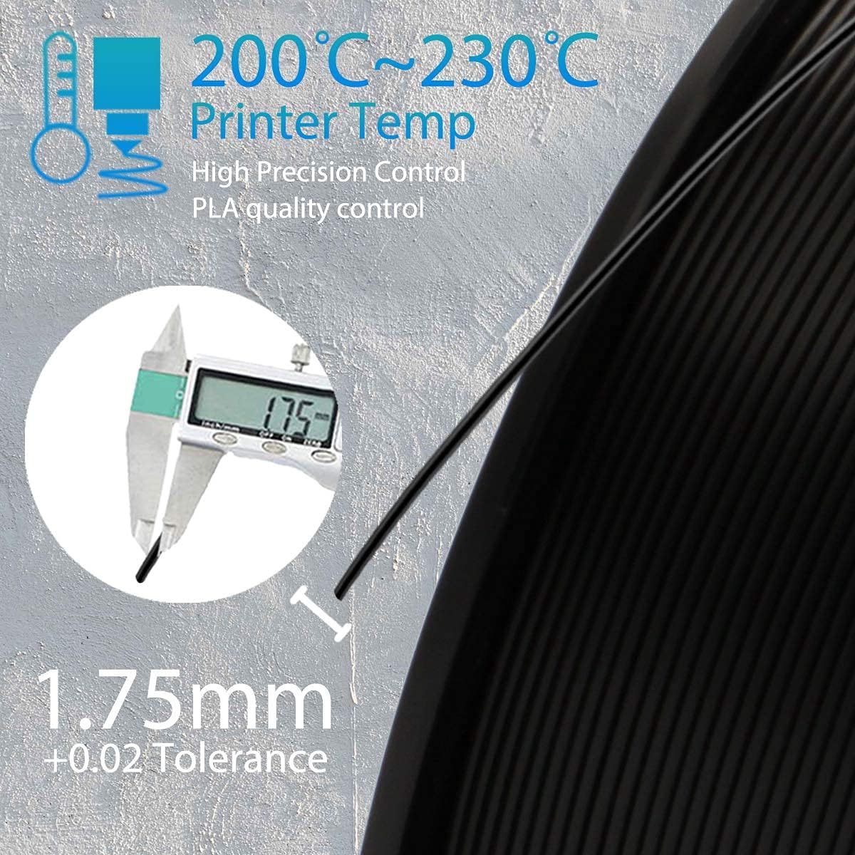PLA Filament 1.75mm, 3D Printer Filament for 3D Printers Accuracy +/- 0.02 mm 1Kg Spool, 1.75mm, Black PLA