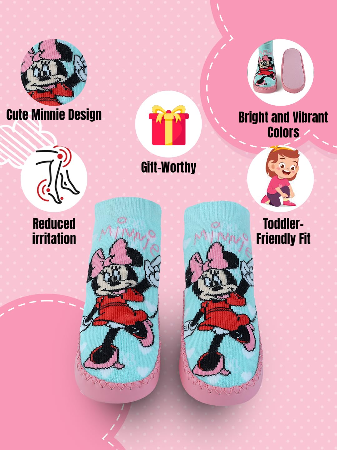 Yellow Bee Girls' Disney Minnie Mouse Cozy Leather Socks - Aqua & Pink, 12-24 Months - Image 3 thumbnail
