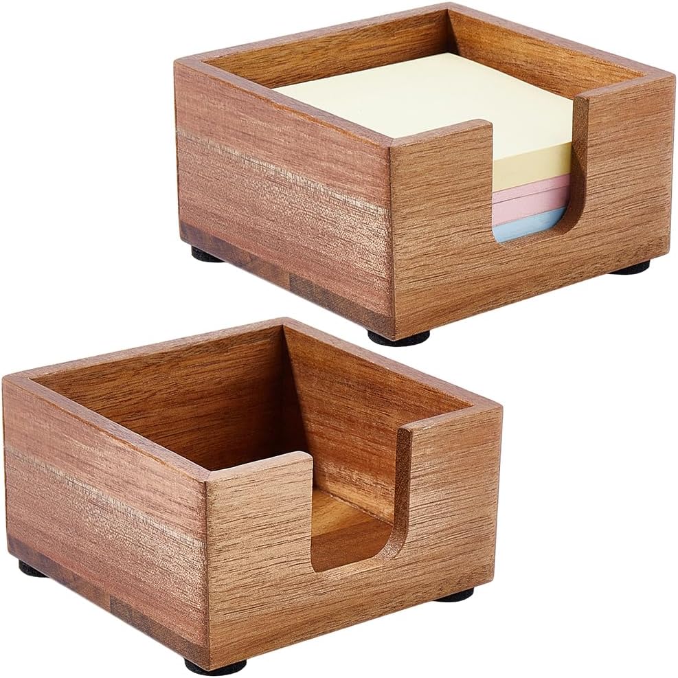 2PCS Walnut Wood Sticky Note Holder 3.7x3.7 Inch Note Dispenser Self Stick Memo Pad Cube Holder Wooden Desk Supplies Organizer Accessories for Office Home School