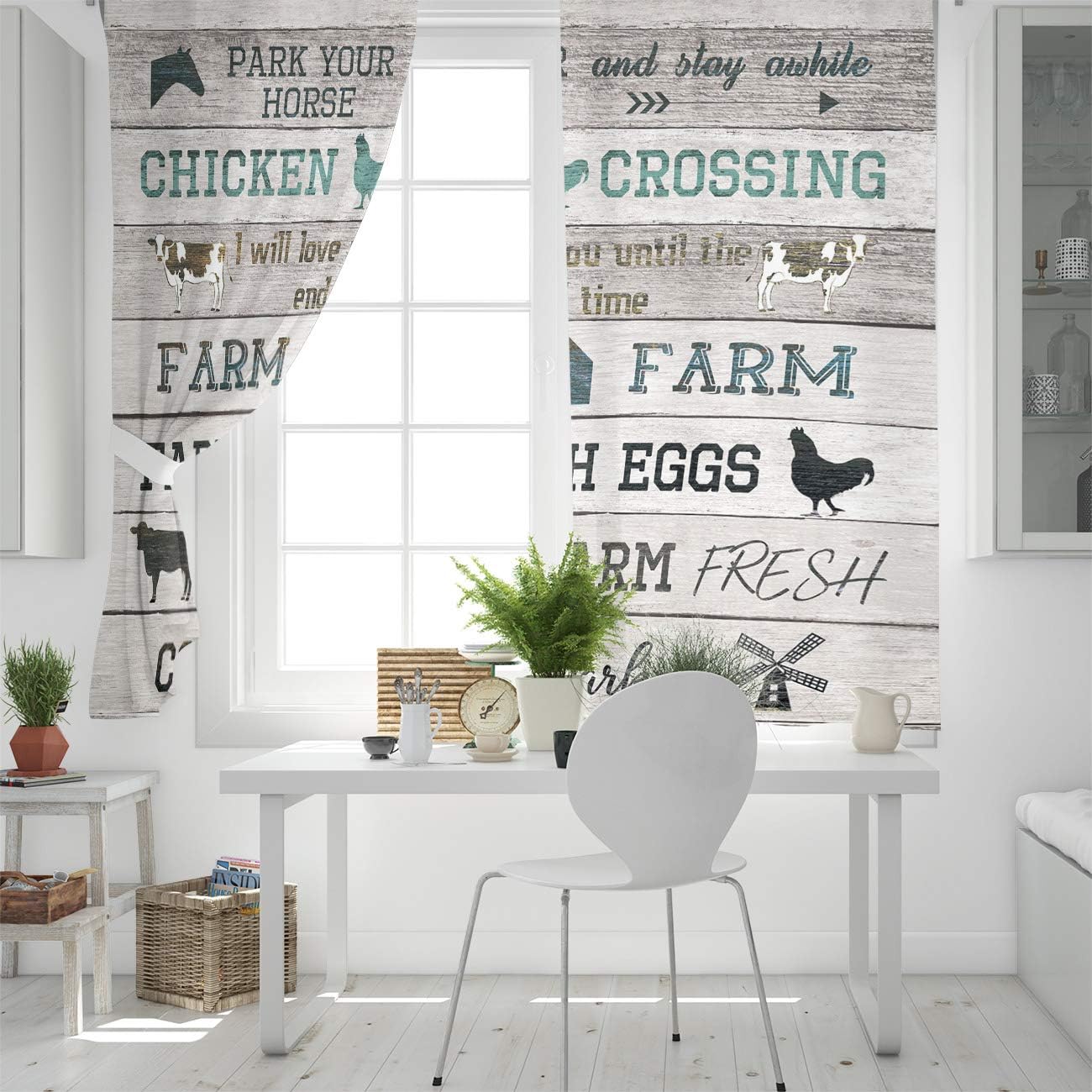 2 Panel Kitchen Cafe Curtains, Retro Wood Texture Farm Animals Cow Pig Horse | Sunlight Filtering Nature Air Through, Home Decor Window Covering Tier Curtains for Bedroom Living Room 80W x 63L inch