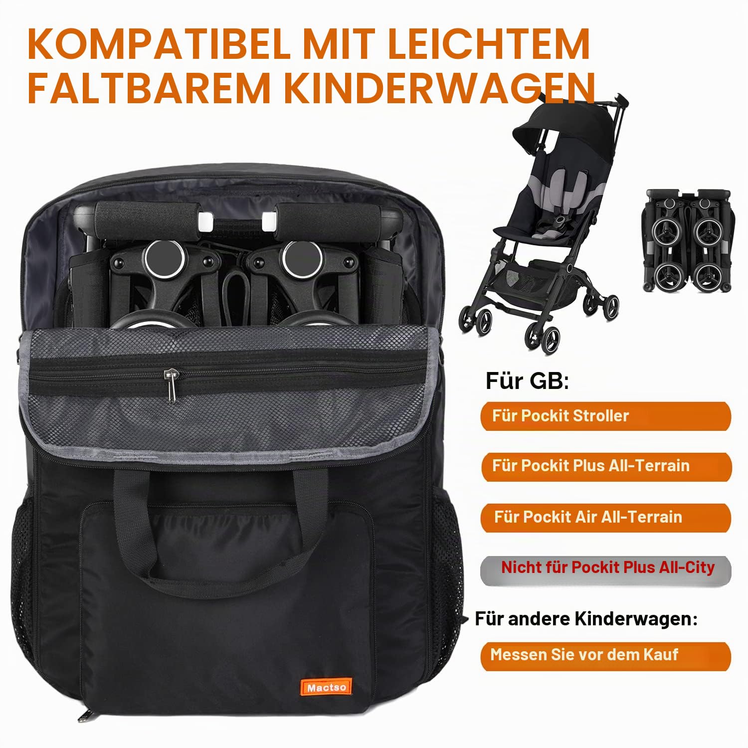Mactso Kinderwagen-Reisetasche, kompatibel mit GB Pockit und GB Pockit Air Plus All Terrain, Leichter Kinderwagen-Reiserucksack für Flugzeug (Schwarz, M)