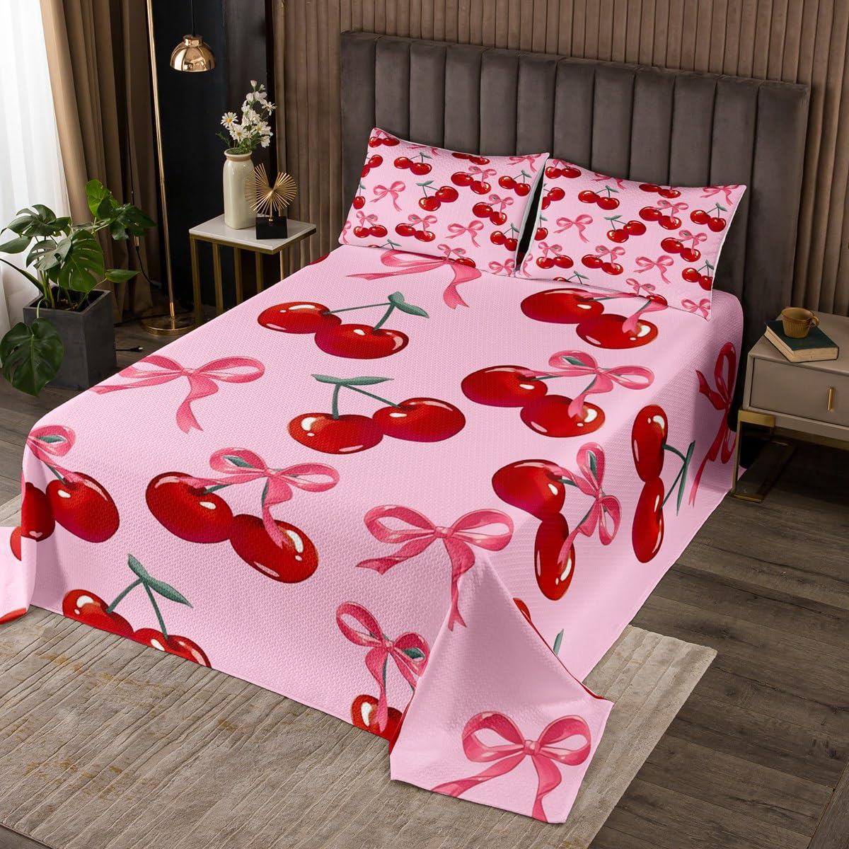 jejeloiu Cute Bowknot Coverlet Set Red Cherry Print Bedspread for Kids Boys Girls Pink Red Quilted Princess Style Quilted Coverlet Bedroom Collection 3Pcs Queen Size