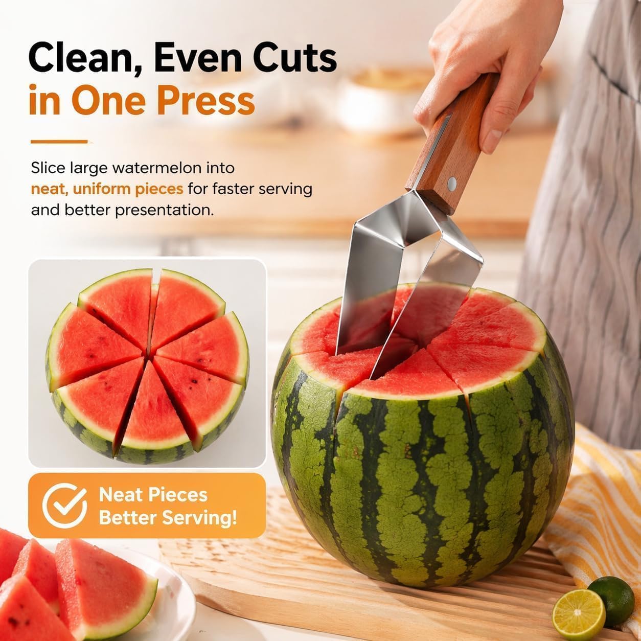 Triangle Watermelon Cutter, 430 Stainless Steel Slicer Tool with Wooden Handler, for Watermelon, Melon, and Apple