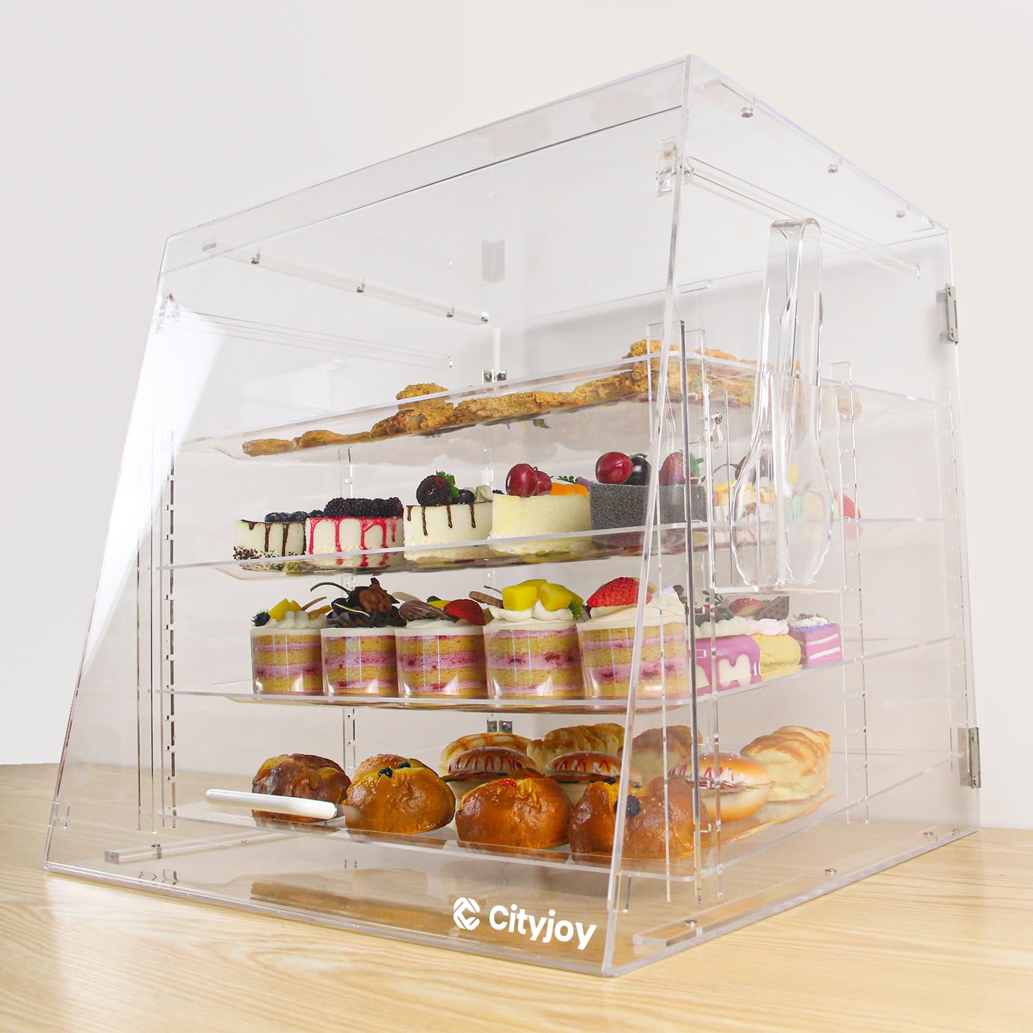 4 vassoi trasparenti da banco per panetteria, 55,5 x 53 x 53,3 cm, vetrina rimovibile per pasticceria, armadietto per pane in acrilico con porte posteriori, alzata per torte e dessert
