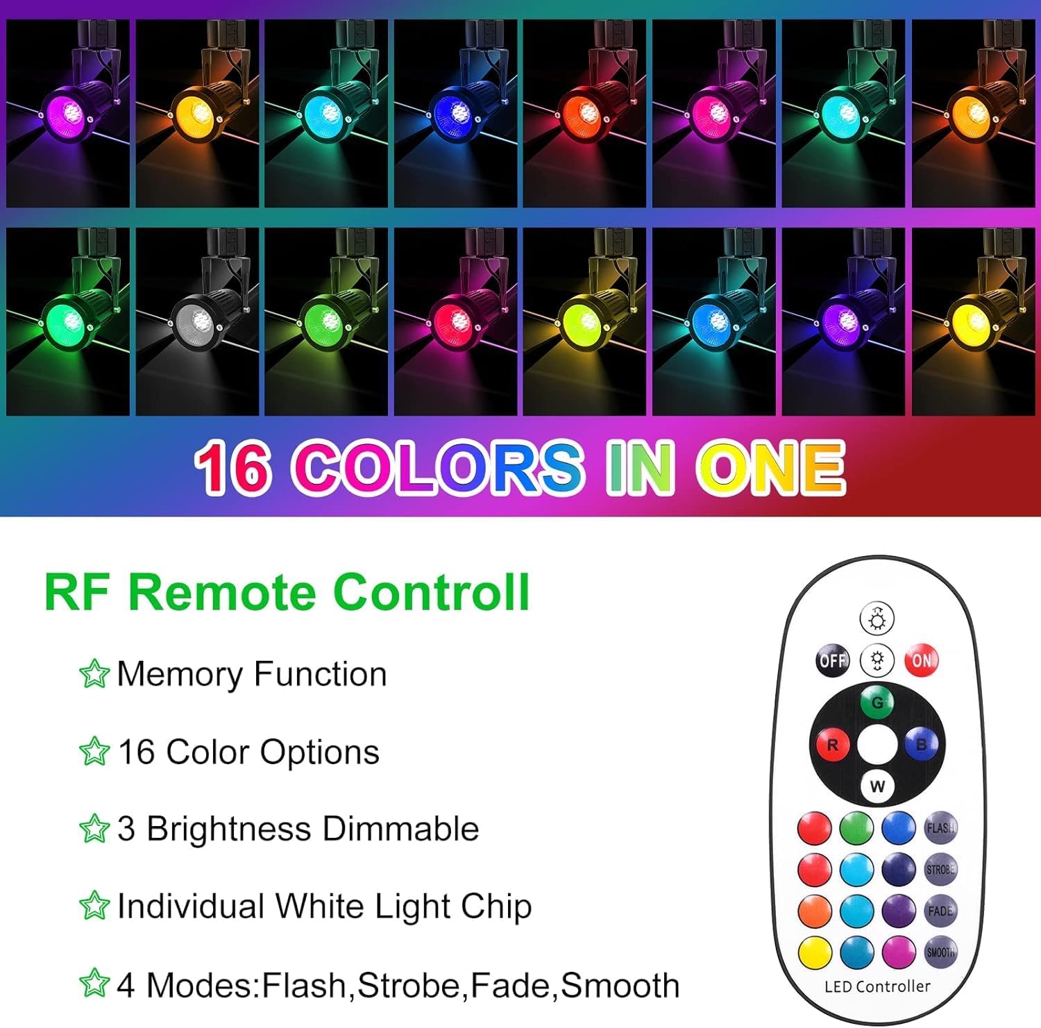 12W RGBW Track Lights Head,Color Changing Track Lighting Head Compatible with H Type Rail,16 Color RGB Track Light for Accent Retail Artwork,Task,Game-6 Pack (Black)
