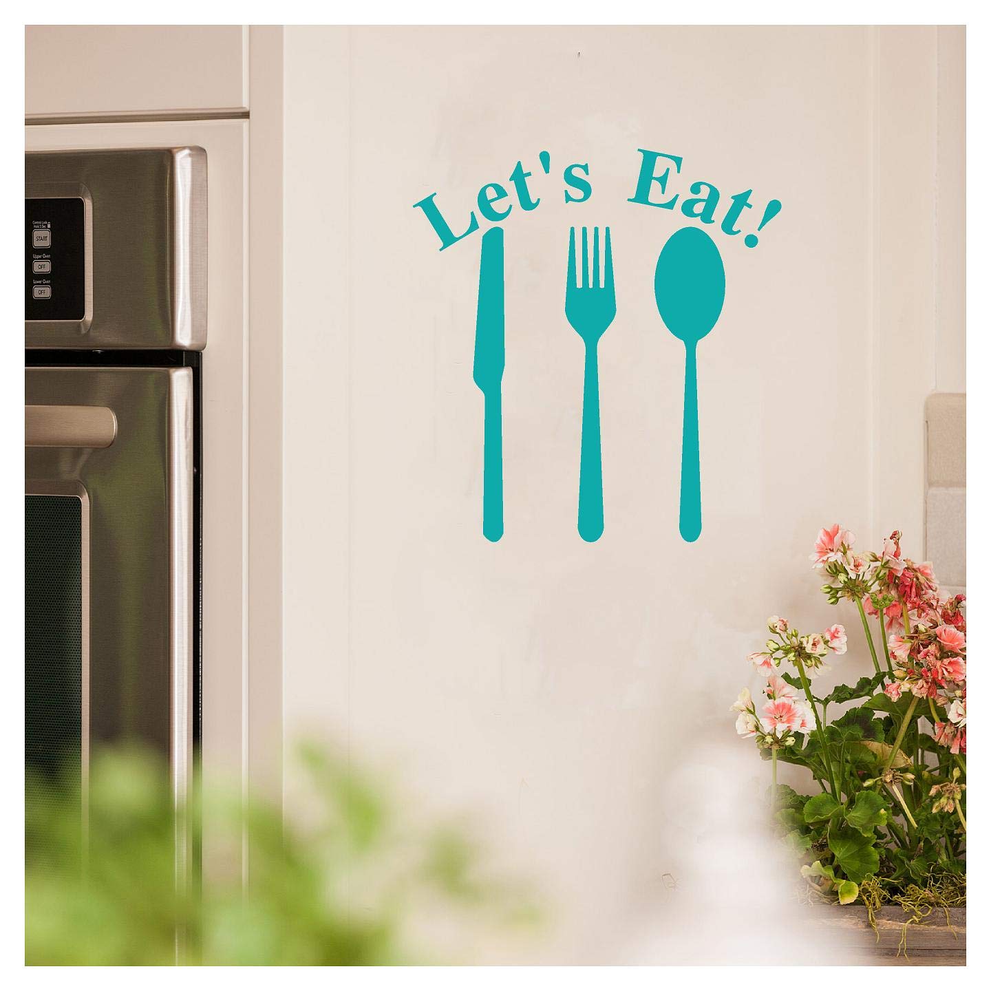 Lettrage autocollant mural Let's Eat en vinyle turquoise 31x29 cm pour decoration de cuisine