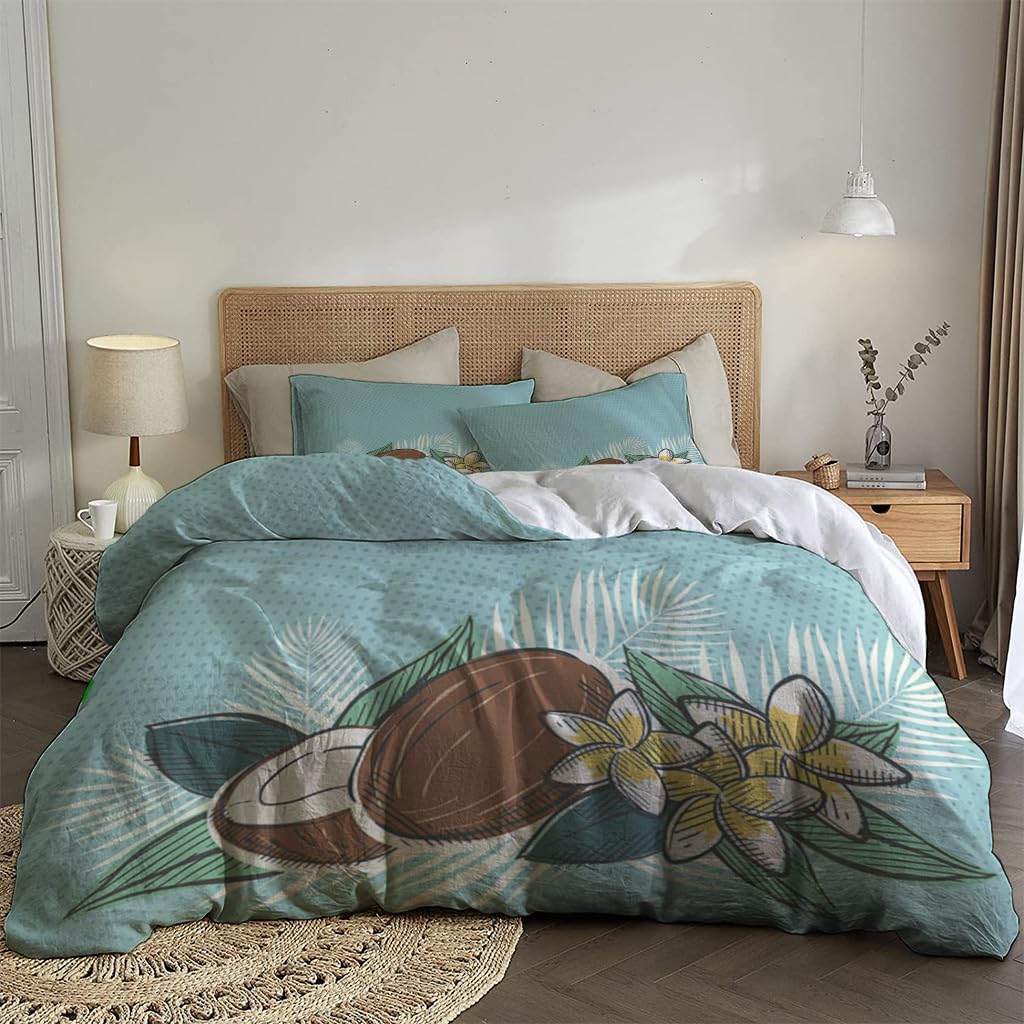 NIBAINLO 布団カバーレトロ風トロピカルルアウの花と葉、ココナッツブルー 肌に優しい ピーチスキン加工 掛け布団カバー 和式 洋式 あったか 布団カバーセット リバーシブル ホームステイ ホテル 家庭兼用