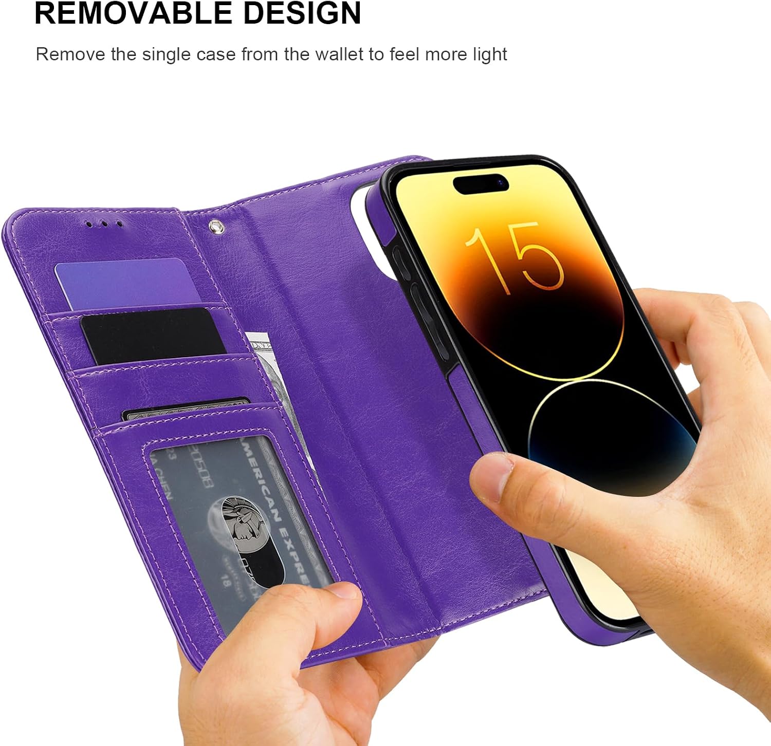 Bocasal Detachable Wallet Case for iPhone 15 Pro Max RFID Blocking Card Slots Holder Premium PU Leather Magnetic Kickstand Shockproof Wrist Strap Removable Flip Protective Cover 5G 6.7 inch (Purple)