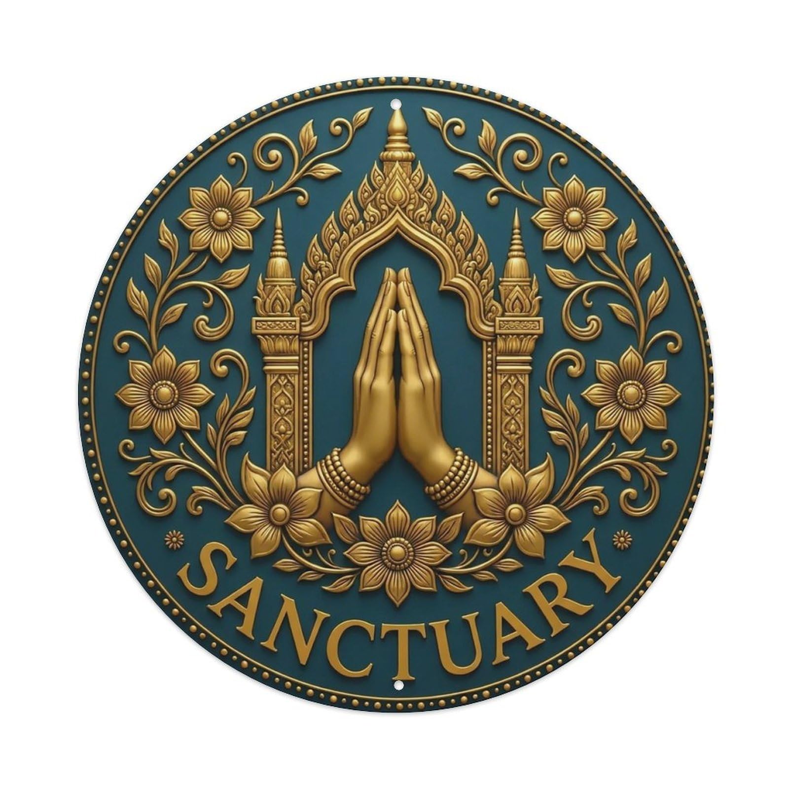 Vintage Namaste Praying Hands Sanctuary Flower Zen Yoga Metal Tin Sign
