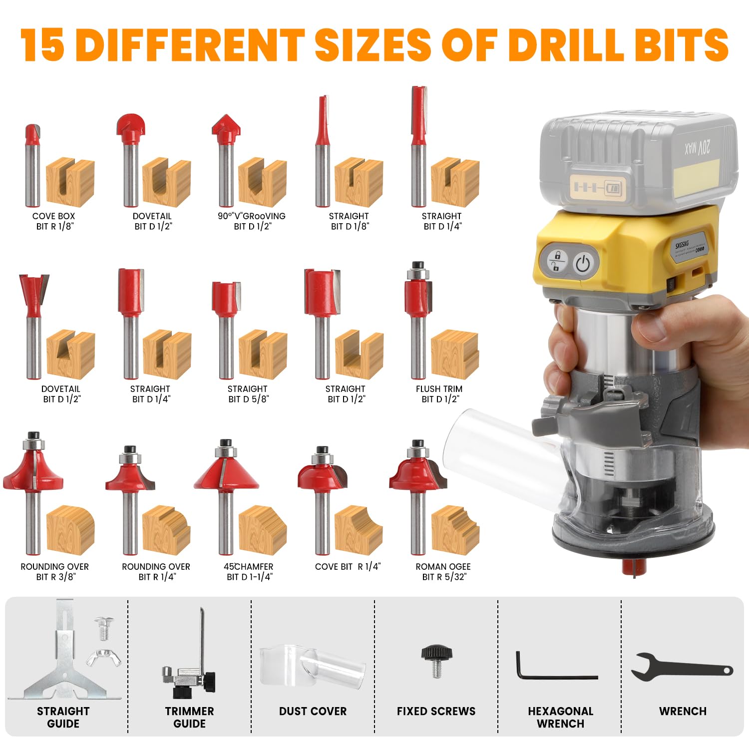 Enrutador de madera compatible con batería Dewalt de 20 V, herramienta de enrutador para 800 W 30000 RPM, 5 velocidades variables, enrutador inalámbrico de base fija, 15 brocas de enrutador de 0.25