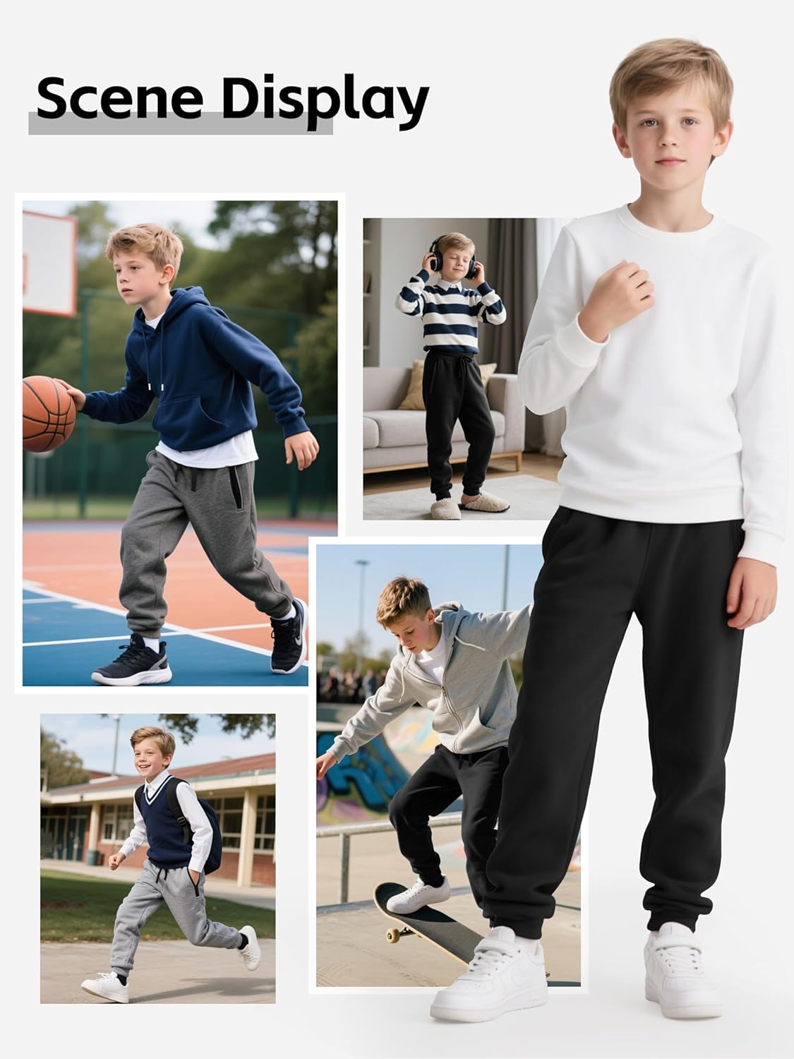 3 Pack Boys Sweatpants Fleece Cotton Athletic Pants Boys Joggers with Zipper Pockets Kids Youth Workout Sweat Pants Size 5-16 - Image 6