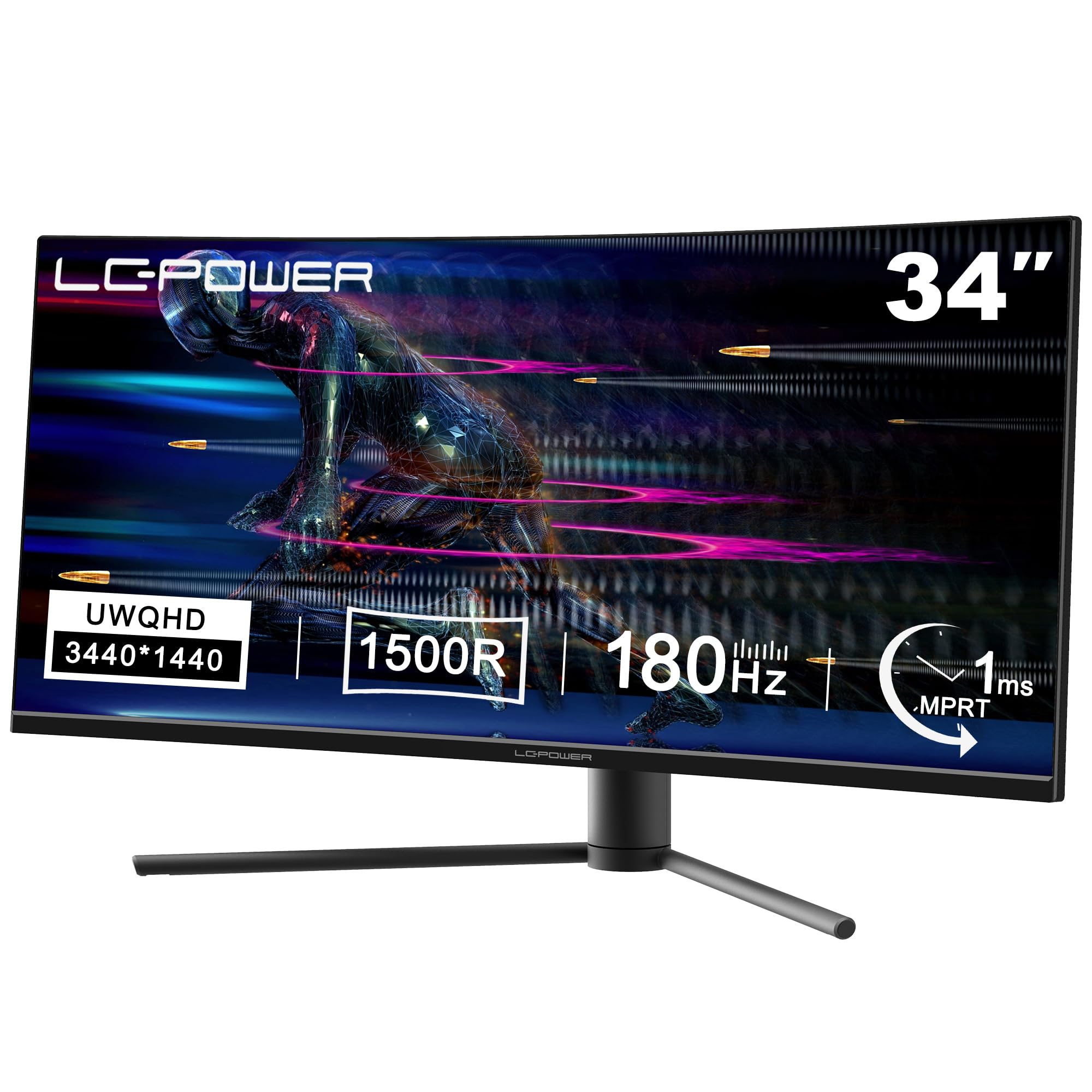 LC-POWER LC-M34-UWQHD-165-C 34 Zoll Ultra WQHD Curved Gaming Monitor, 3440 x 1440, 165Hz, HDR 400, 1ms MPRT, 1500R, FreeSync, PbP, Pip, schwarz