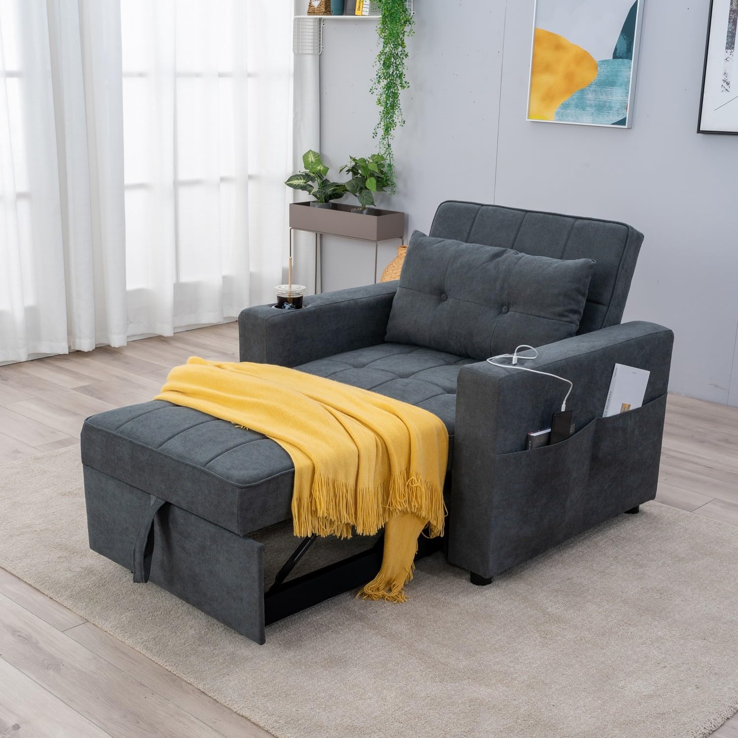 Panana Sofa Bed, 3 in 1 Single Armchair Recliner, Pull Out Sleeper with Drinks Cup Holder and Built-in USB Ports For Lving Room Bedroom Lounge (Gray Linen) โ image 1