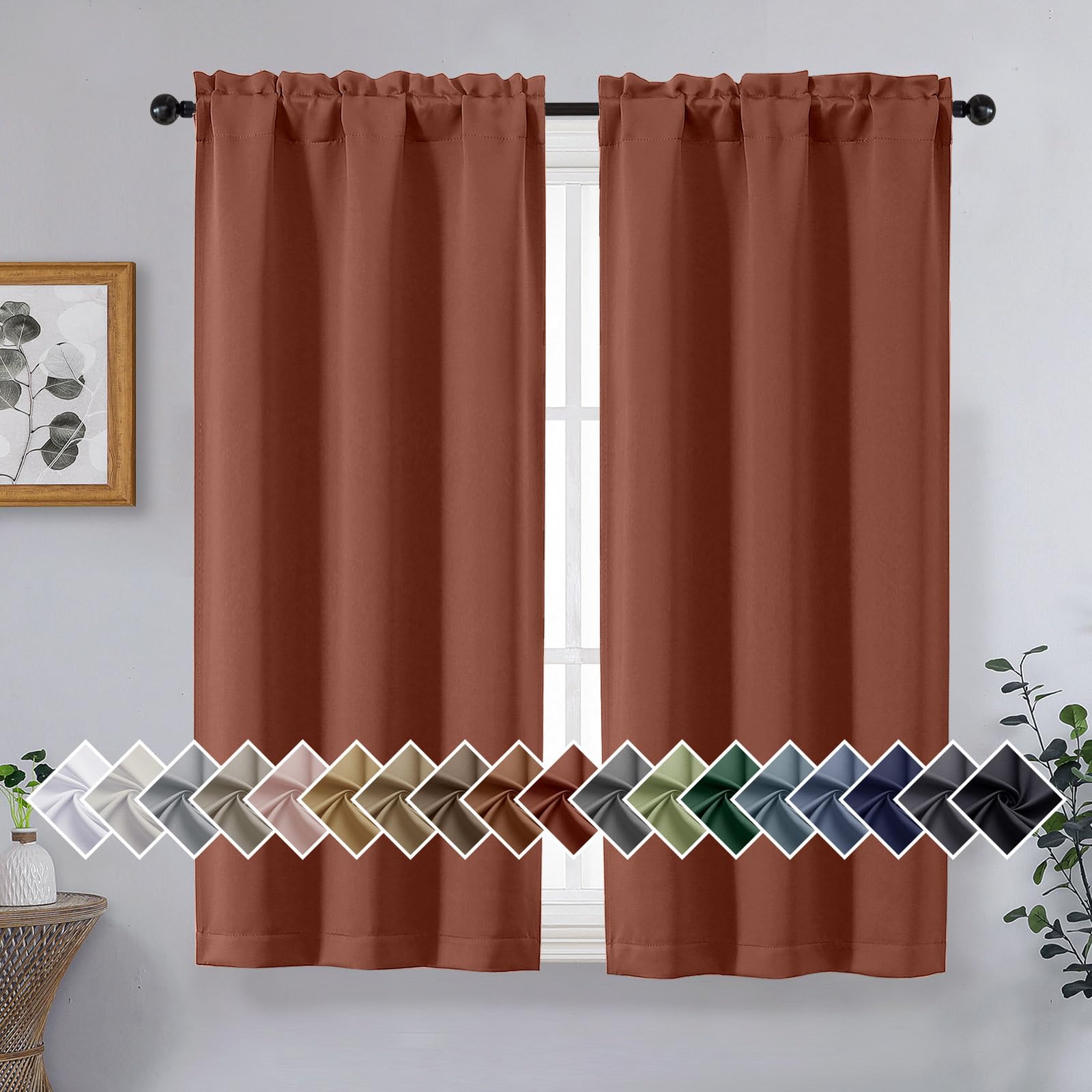 OVZME Terracotta Short Blackout Curtains for Bedroom 45 Inches Long 2 Panels, Solid Thermal Insulated Blackout Curtains, Energy Saving Soft Fabric Window Drapes, Dual Rod Pocket, 2x40Wx45L Inches