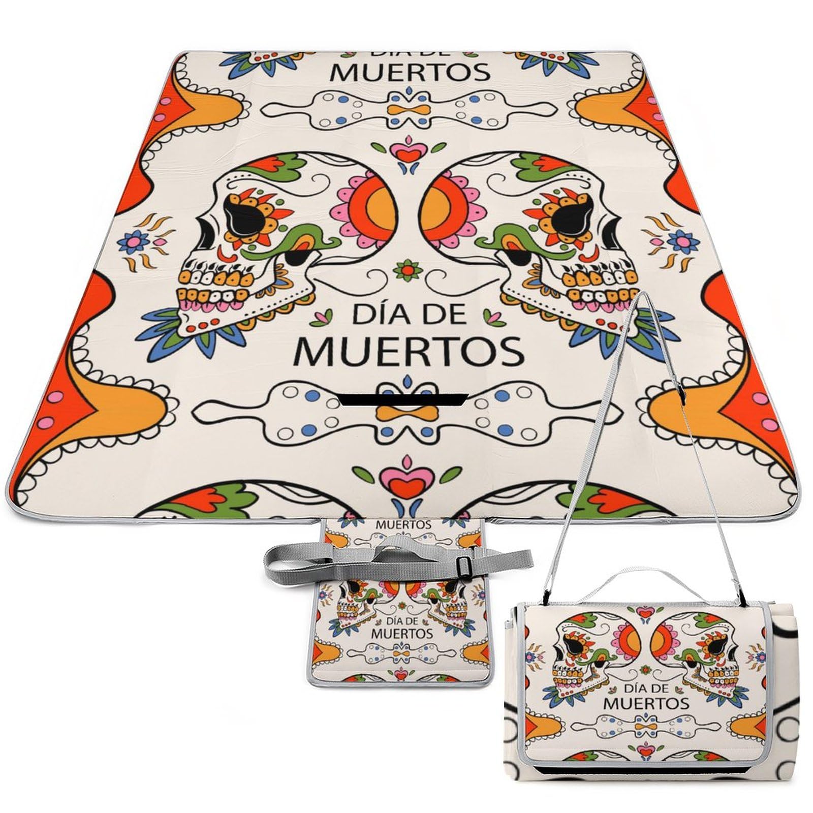 Dia-de-Muertos Print Picnic Blanket Waterproof Foldable, Large Outdoor Picnic Blanket Beach Blankets Camping Blanket Travel Mat, Shoulder Strap Tote, Rectangle 58x58in